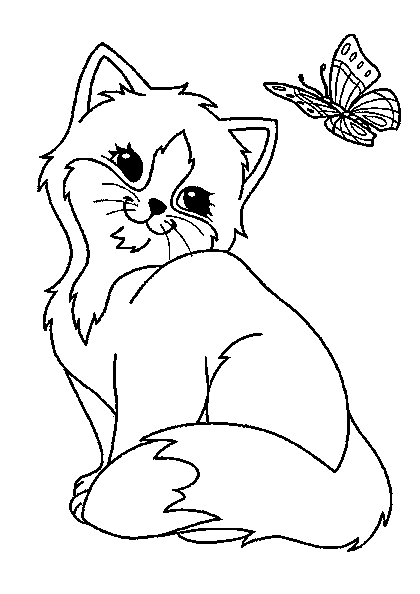 Бабочка и котенок №104. Популярные раскраски. Коты, кошки, котята.