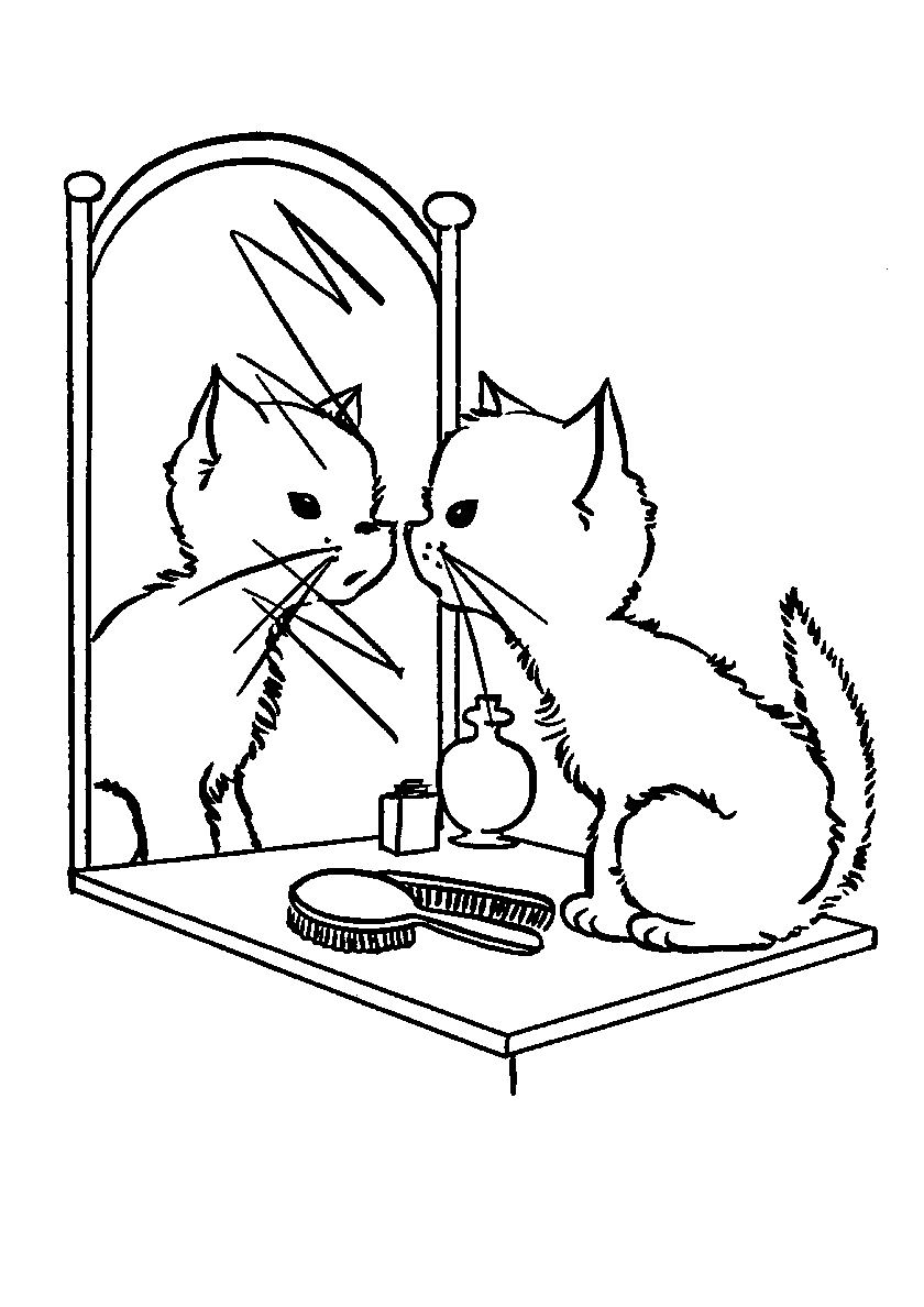 Кошечка смотрит в зеркало №113. Популярные раскраски. Коты, кошки, котята.