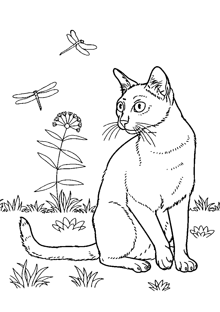 Кошка и стрекозы №108. Популярные раскраски. Коты, кошки, котята.