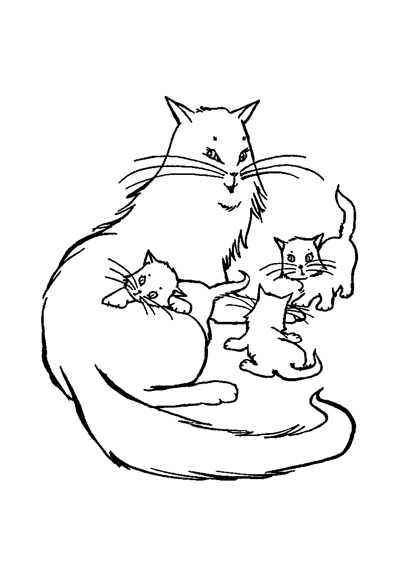 Котята играют с кошкой №140. Популярные раскраски. Коты, кошки, котята.