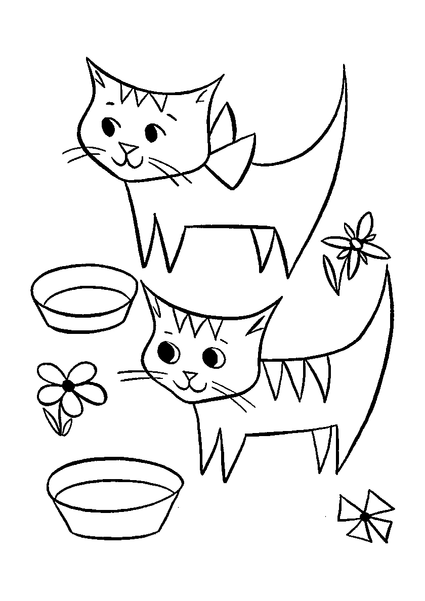 Котята у мисок №145. Популярные раскраски. Коты, кошки, котята.