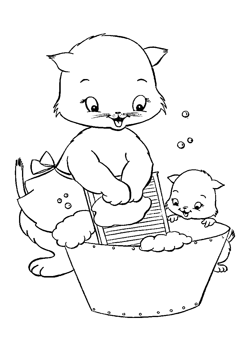 Мама кошка стирает №141. Популярные раскраски. Коты, кошки, котята.
