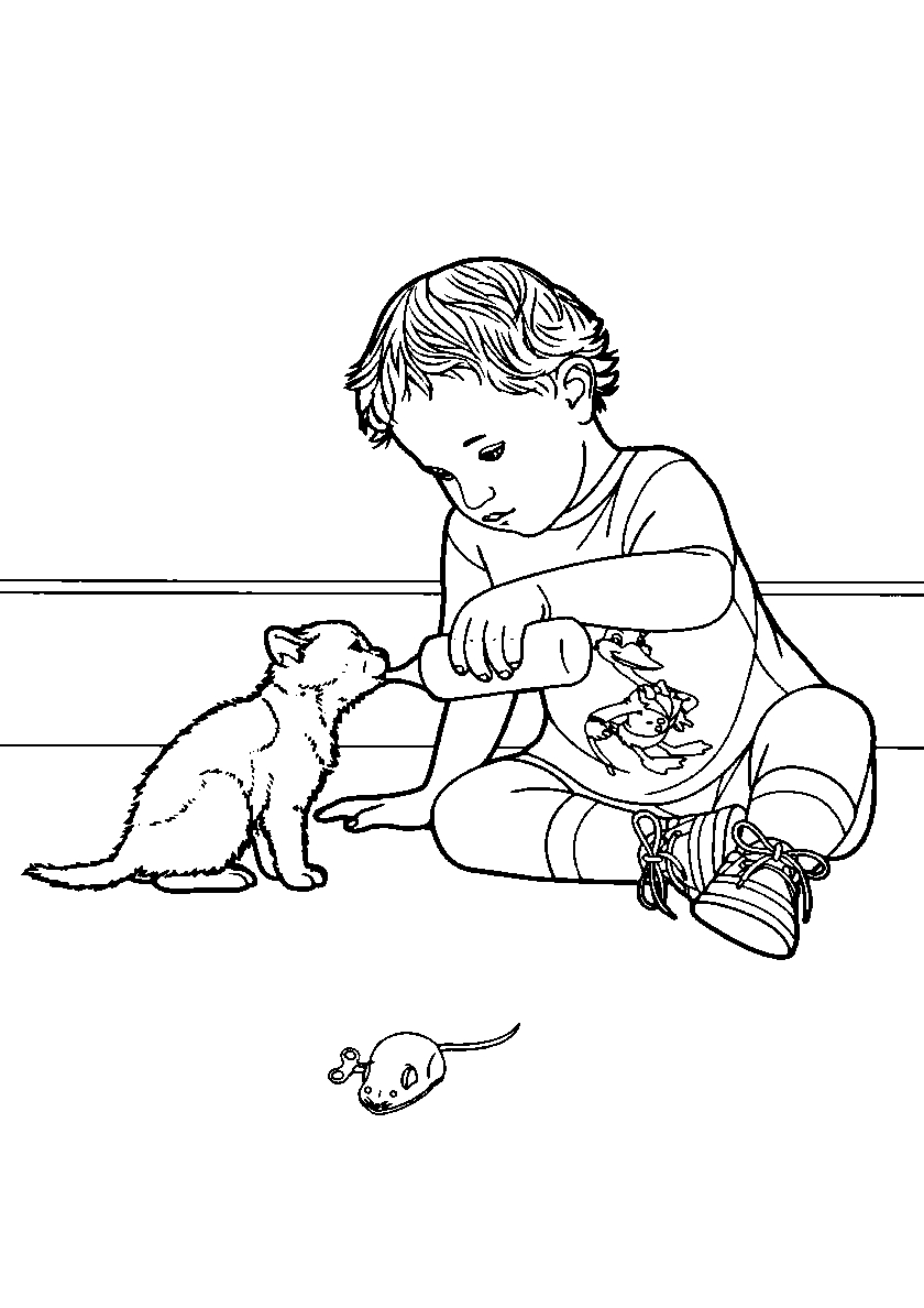 Ребенок поит котенка №137. Популярные раскраски. Коты, кошки, котята.