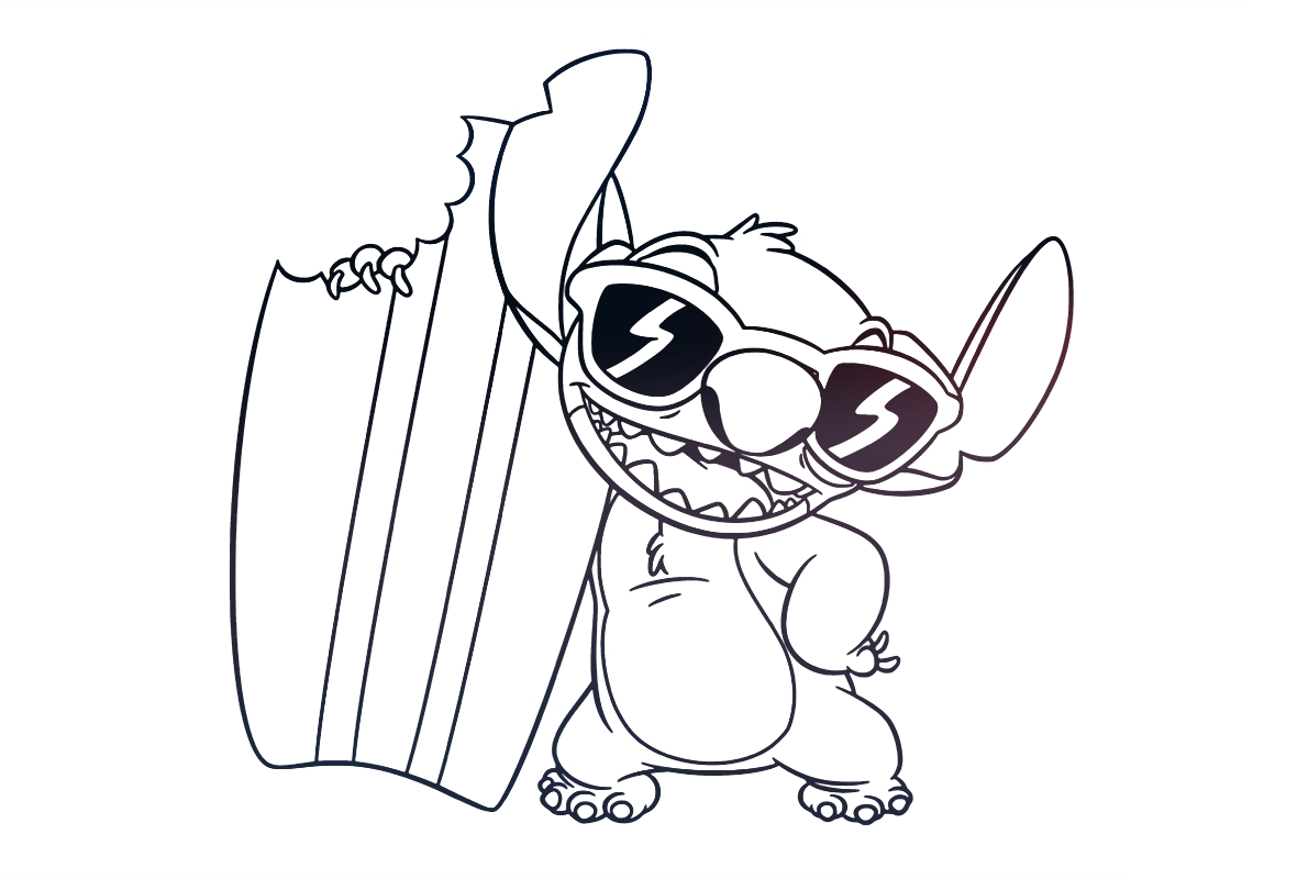 Стич с доской для серфинга №1623. Популярные раскраски. Лило и Стич.