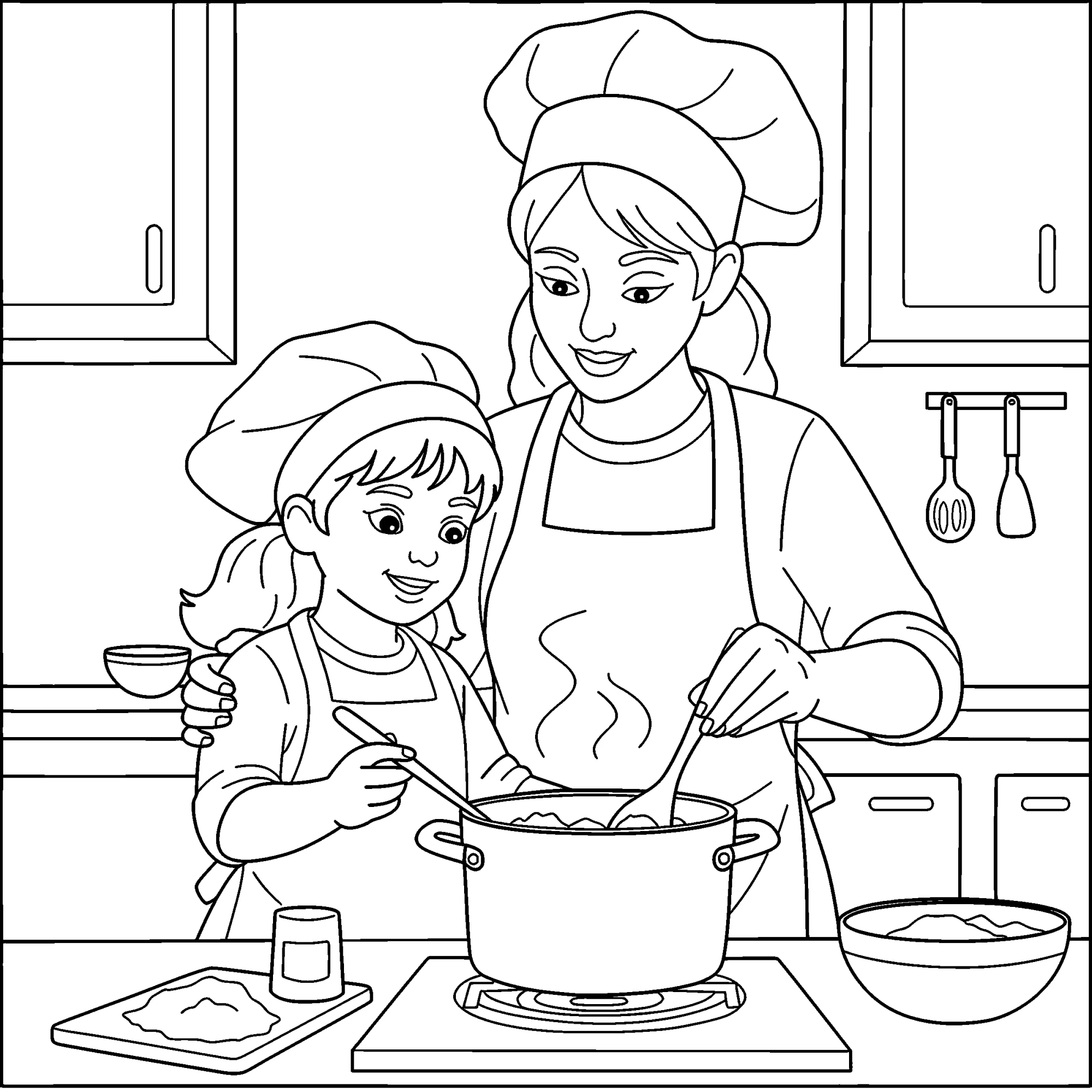 Мама готовит с дочкой на кухне №15529. Популярные раскраски. Ассорти раскрасок для детей.