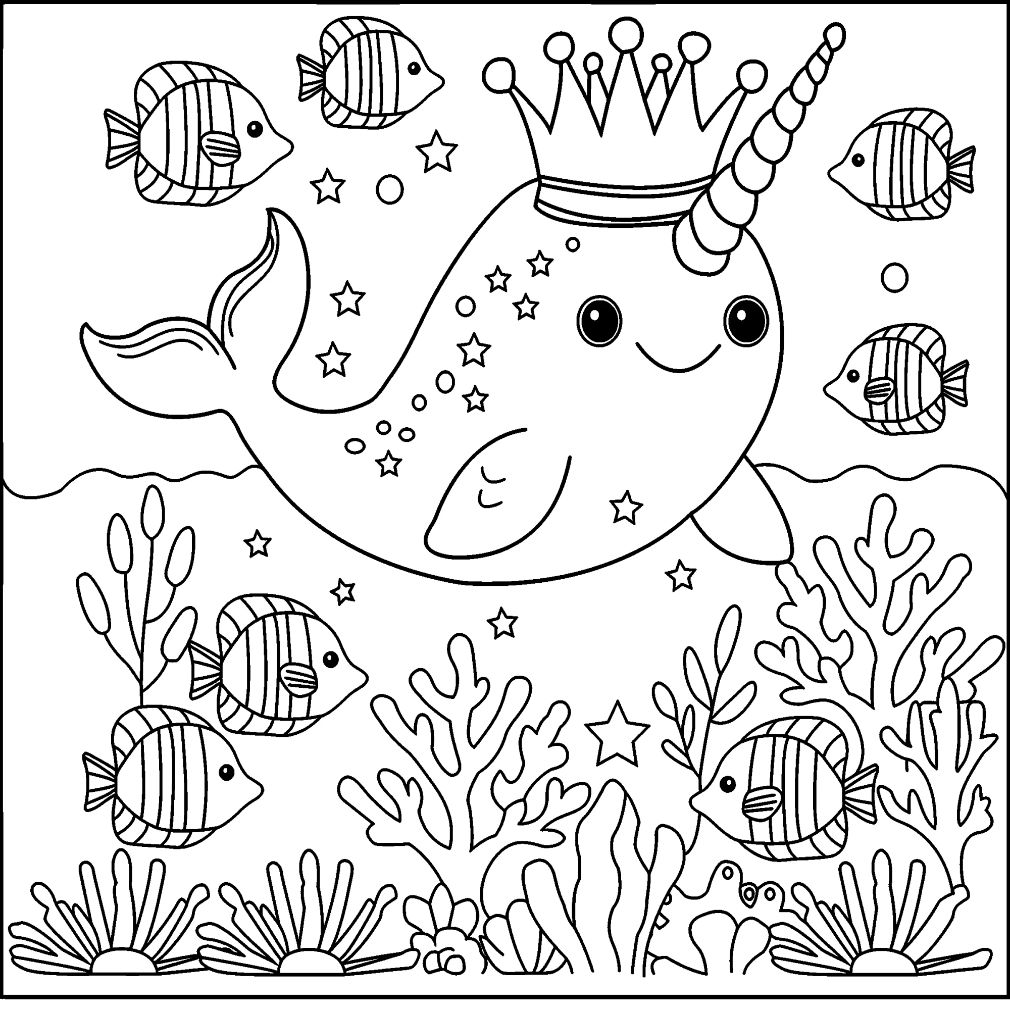 Веселый единорог в море с рыбками и звездами №16303. Популярные раскраски. Ассорти раскрасок для детей.