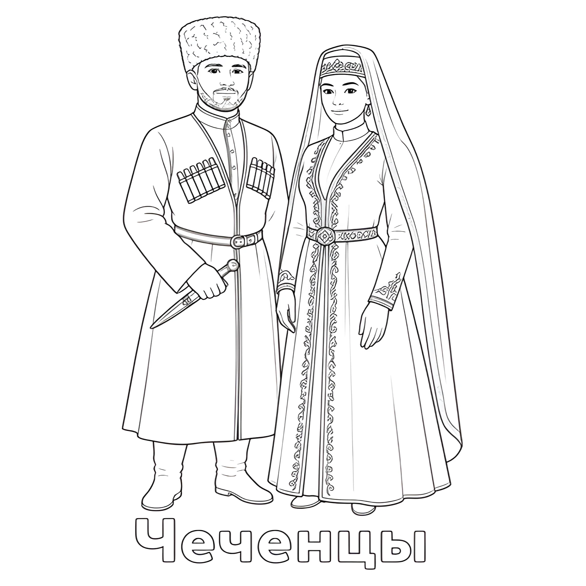 Чеченцы в национальном костюме №14411. Праздничные и сезонные раскраски. День народного единства России.