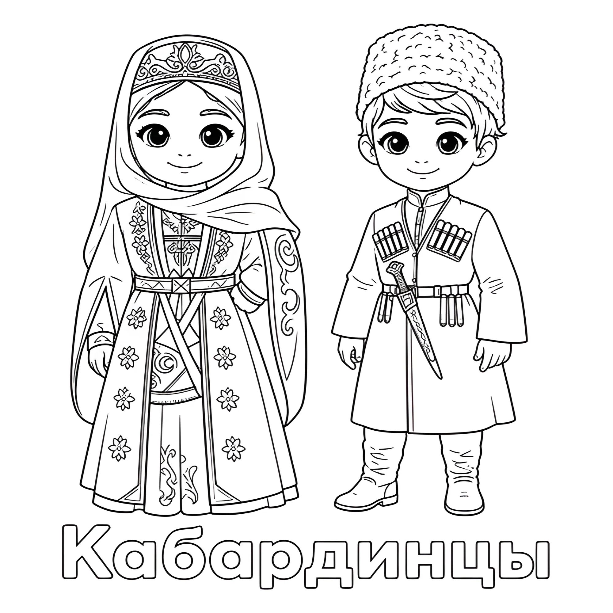 Кабардинцы в национальной одежде №14413. Праздничные и сезонные раскраски. День народного единства России.