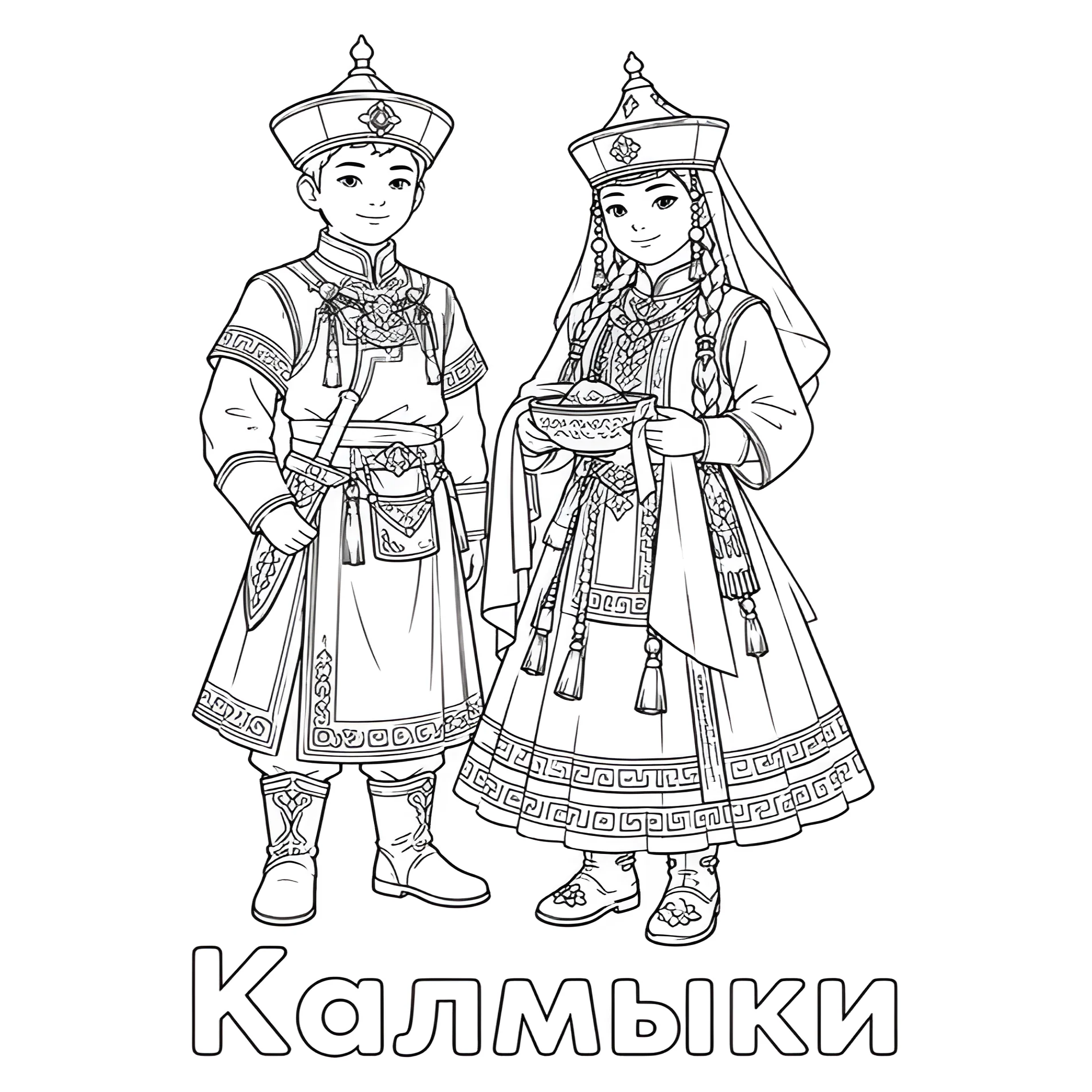 Калмыцкий национальный костюм №14441. Праздничные и сезонные раскраски. День народного единства России.