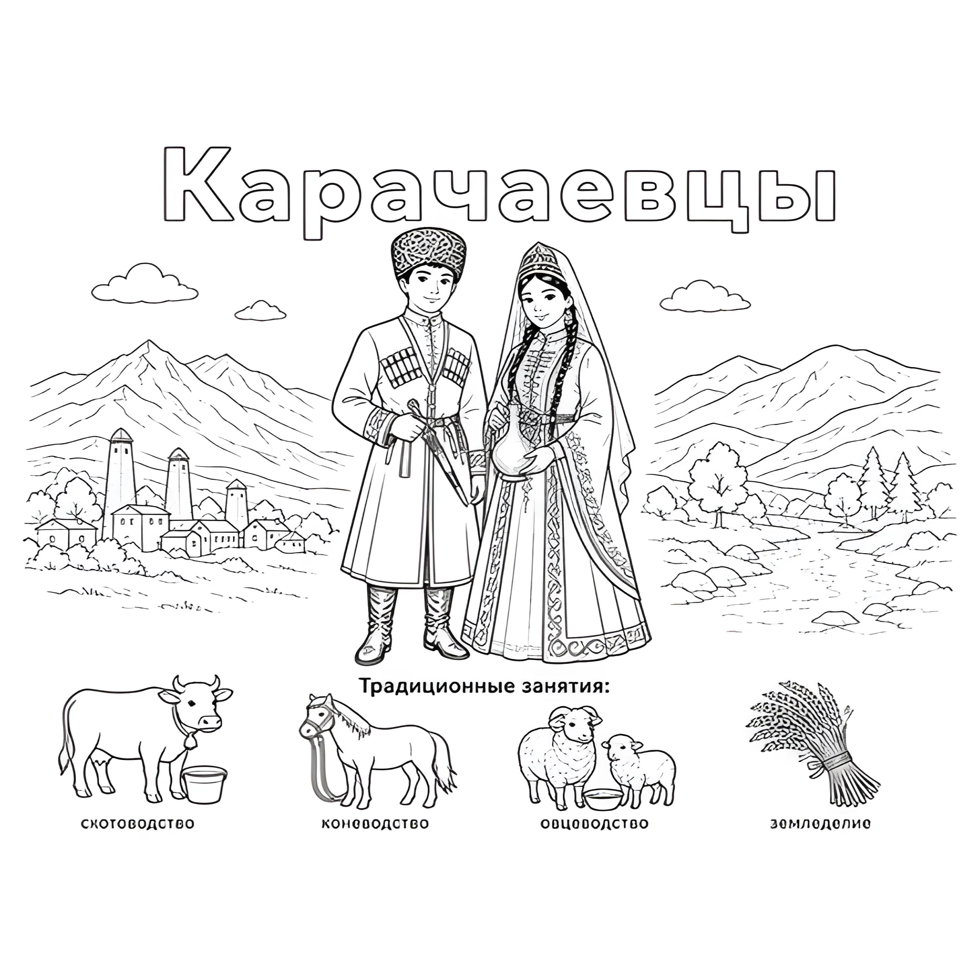 Карачаевцы в национальных костюмах и их занятия №14432. Праздничные и сезонные раскраски. День народного единства России.