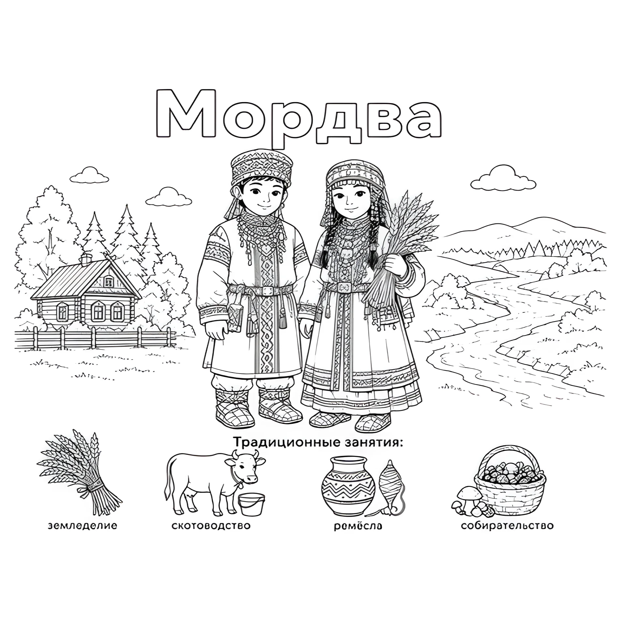 Мордва в национальных костюмах и их занятия №14427. Праздничные и сезонные раскраски. День народного единства России.