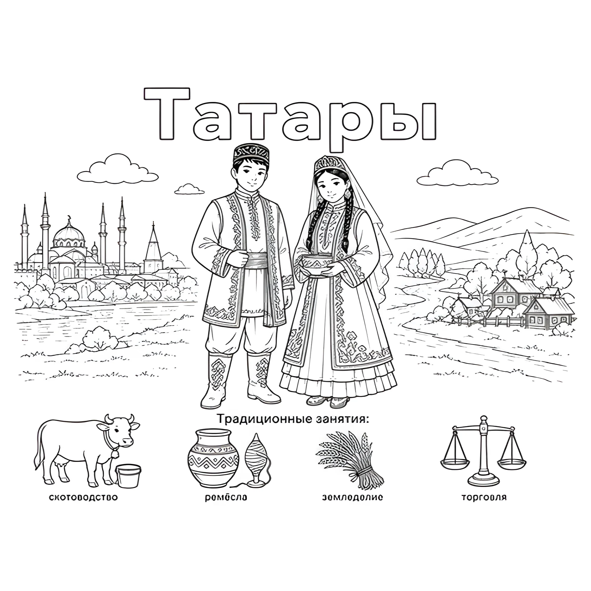 Татары в национальных костюмах и их занятия №14449. Праздничные и сезонные раскраски. День народного единства России.