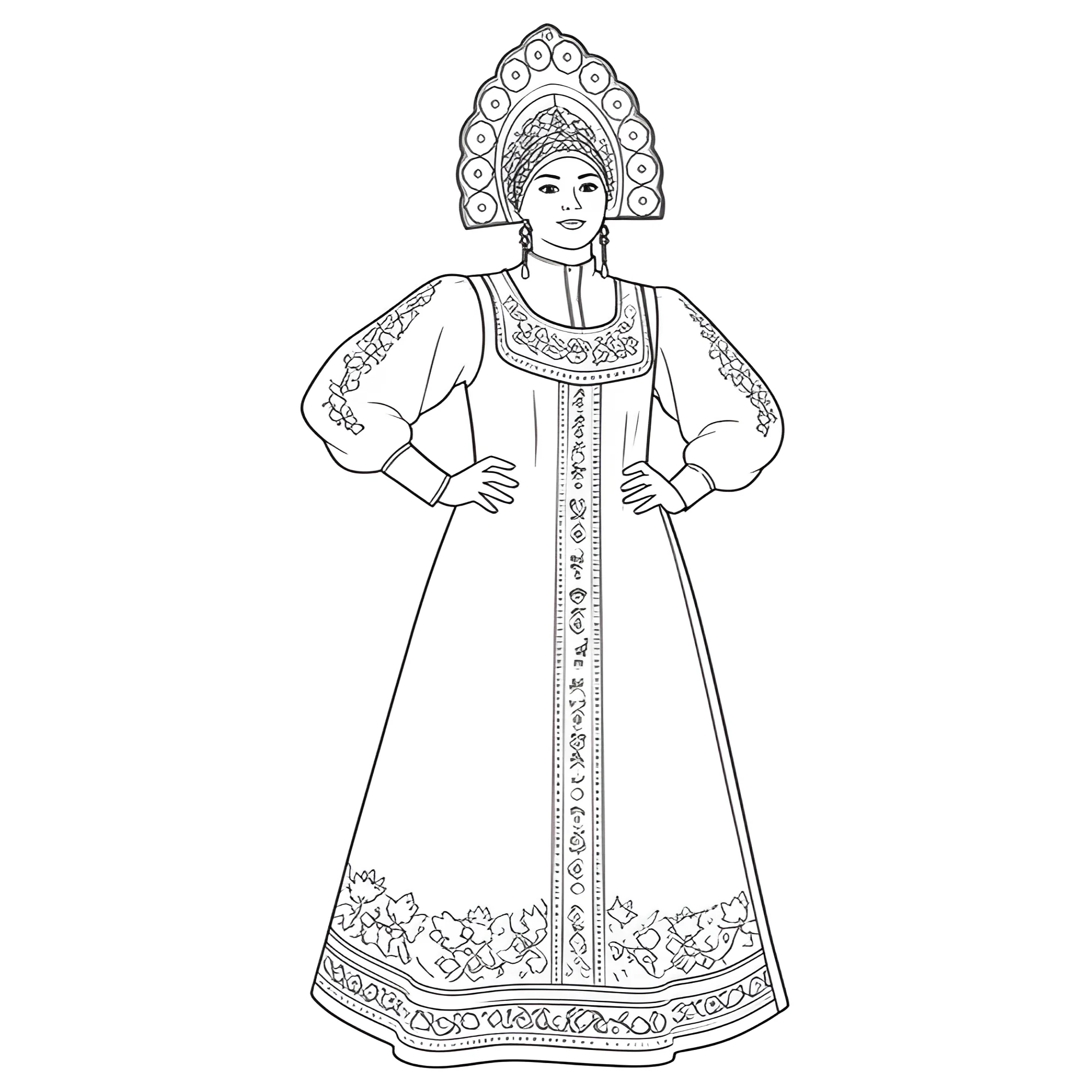 Женщина в русском национальном костюме №14452. Праздничные и сезонные раскраски. День народного единства России.