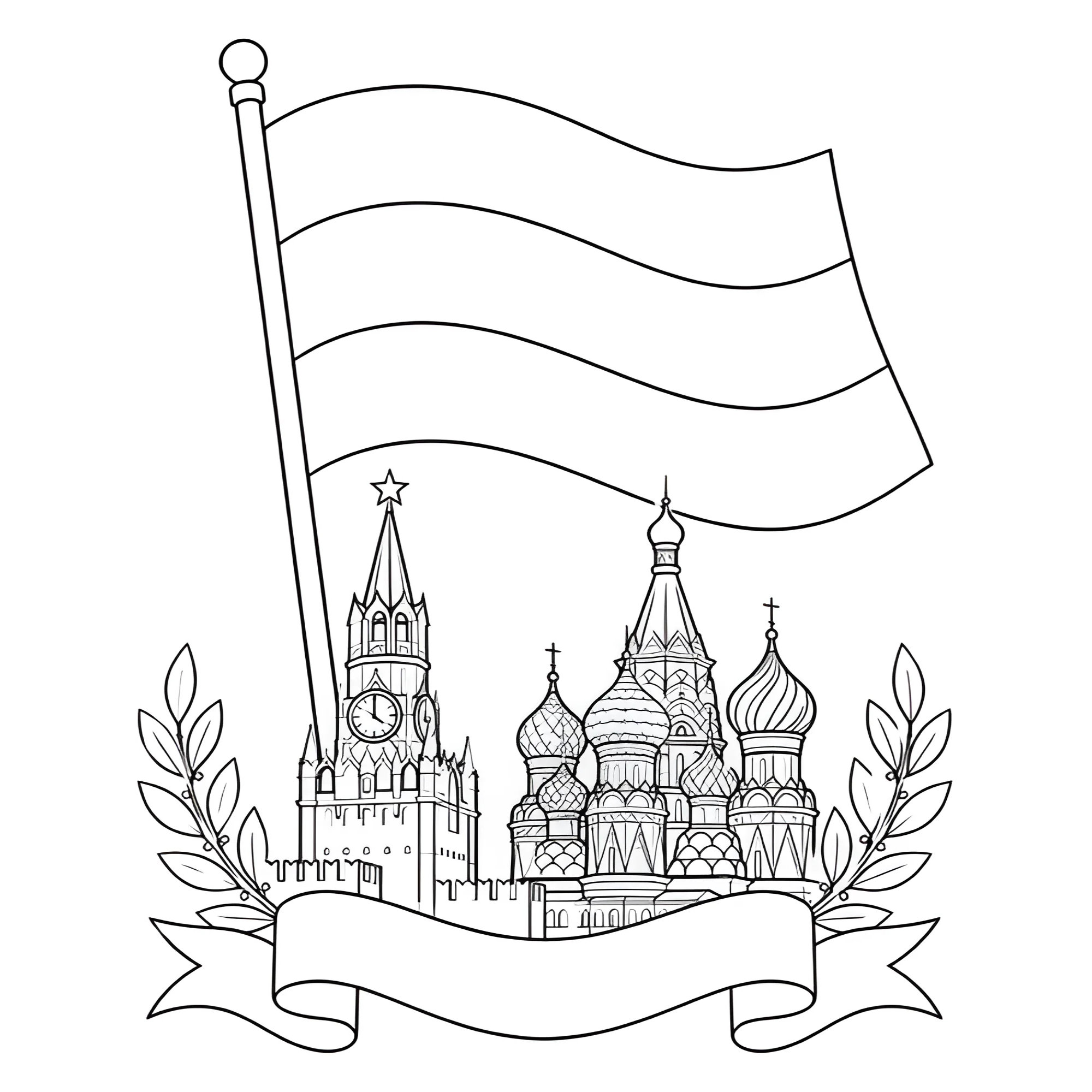 Флаг России, Собор Василия Блаженного и Спасская башня №14531. Праздничные и сезонные раскраски. День России.