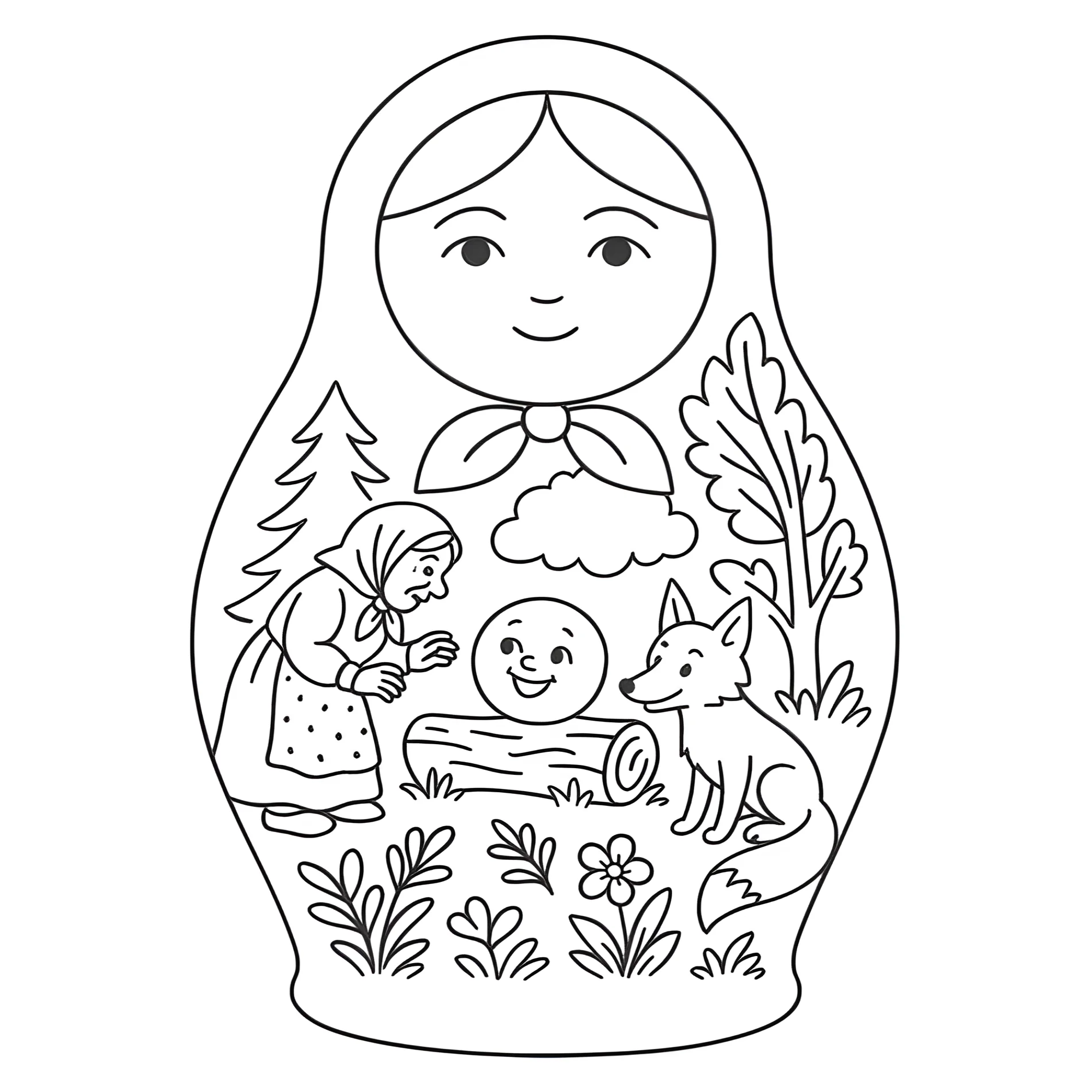 Матрёшка со сказкой колобок №14483. Праздничные и сезонные раскраски. День России.