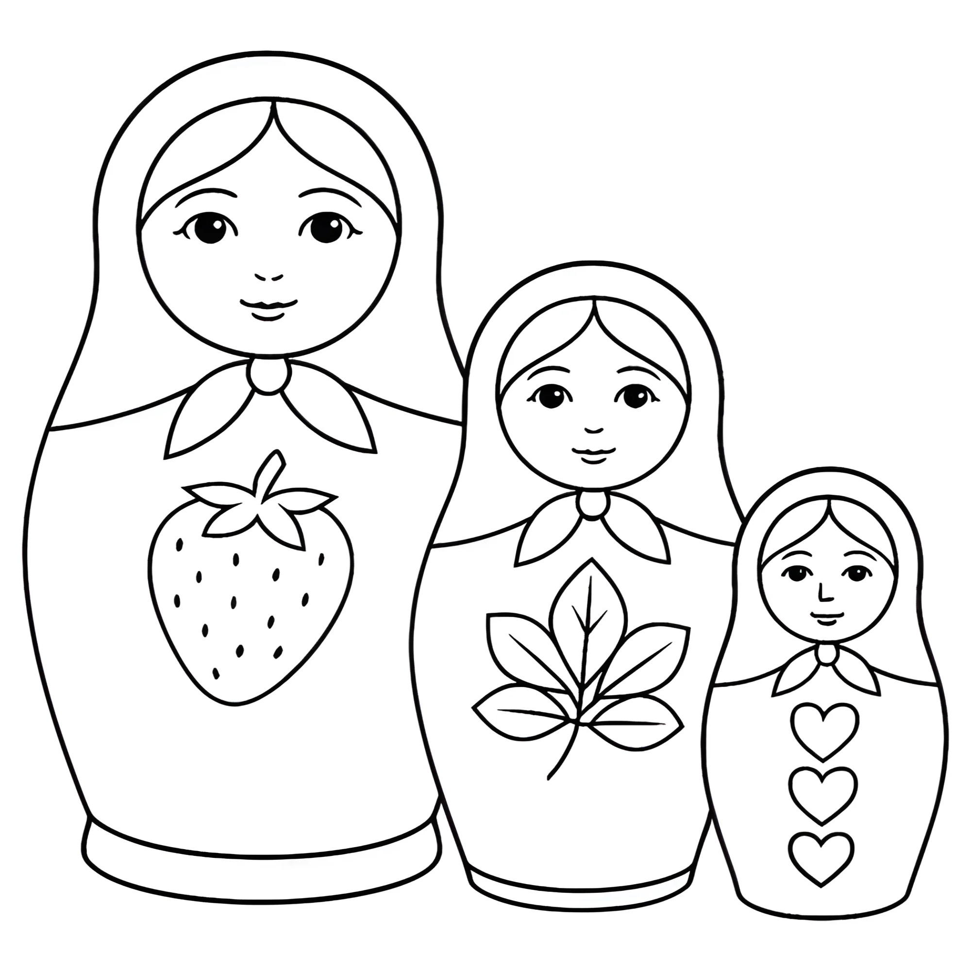 Матрёшки с землёничкой, листиком и сердечками №14503. Праздничные и сезонные раскраски. День России.