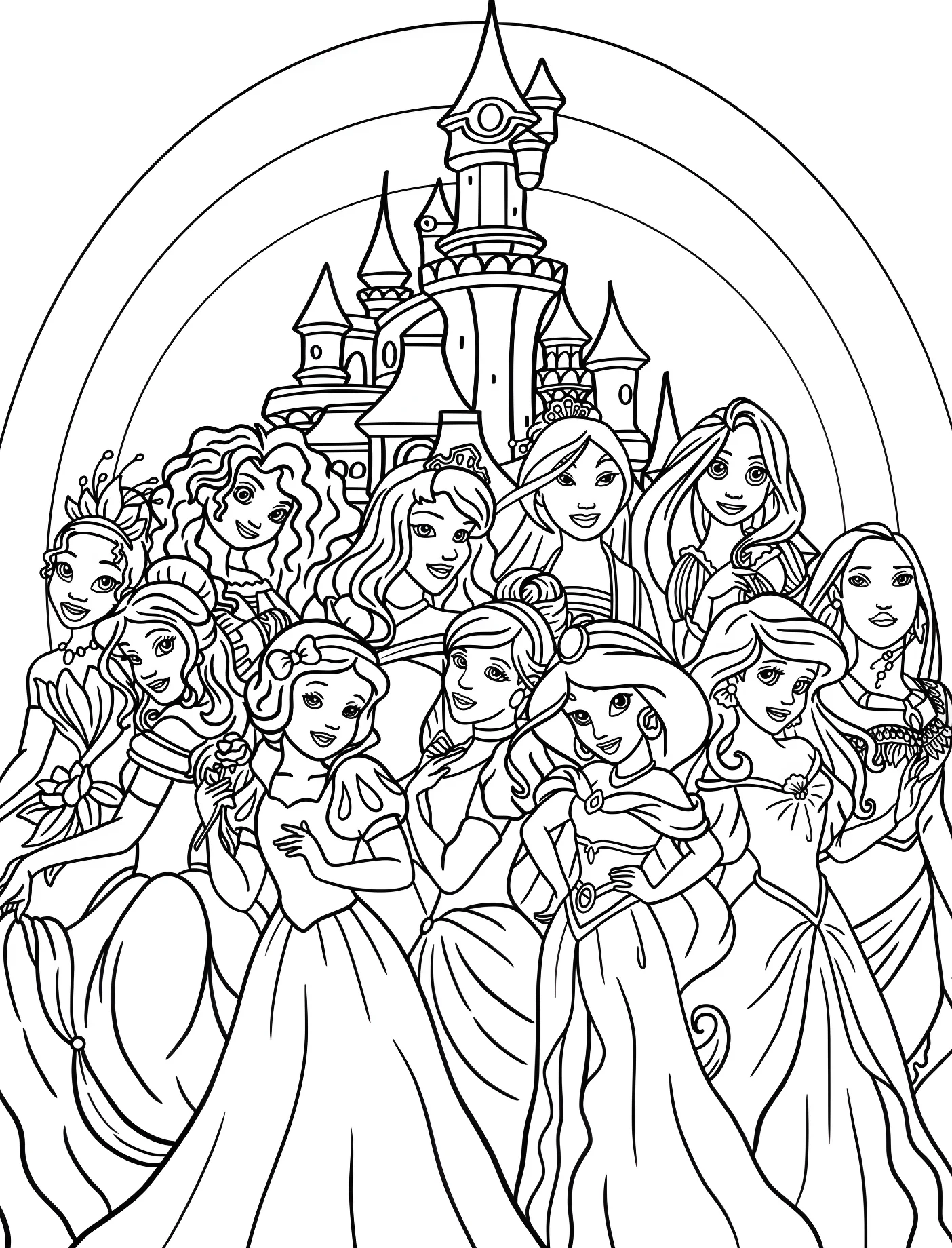 Принцессы Диснея перед замком Уолта Диснея №11014. Принцессы. Принцессы Disney (Disney Princess).