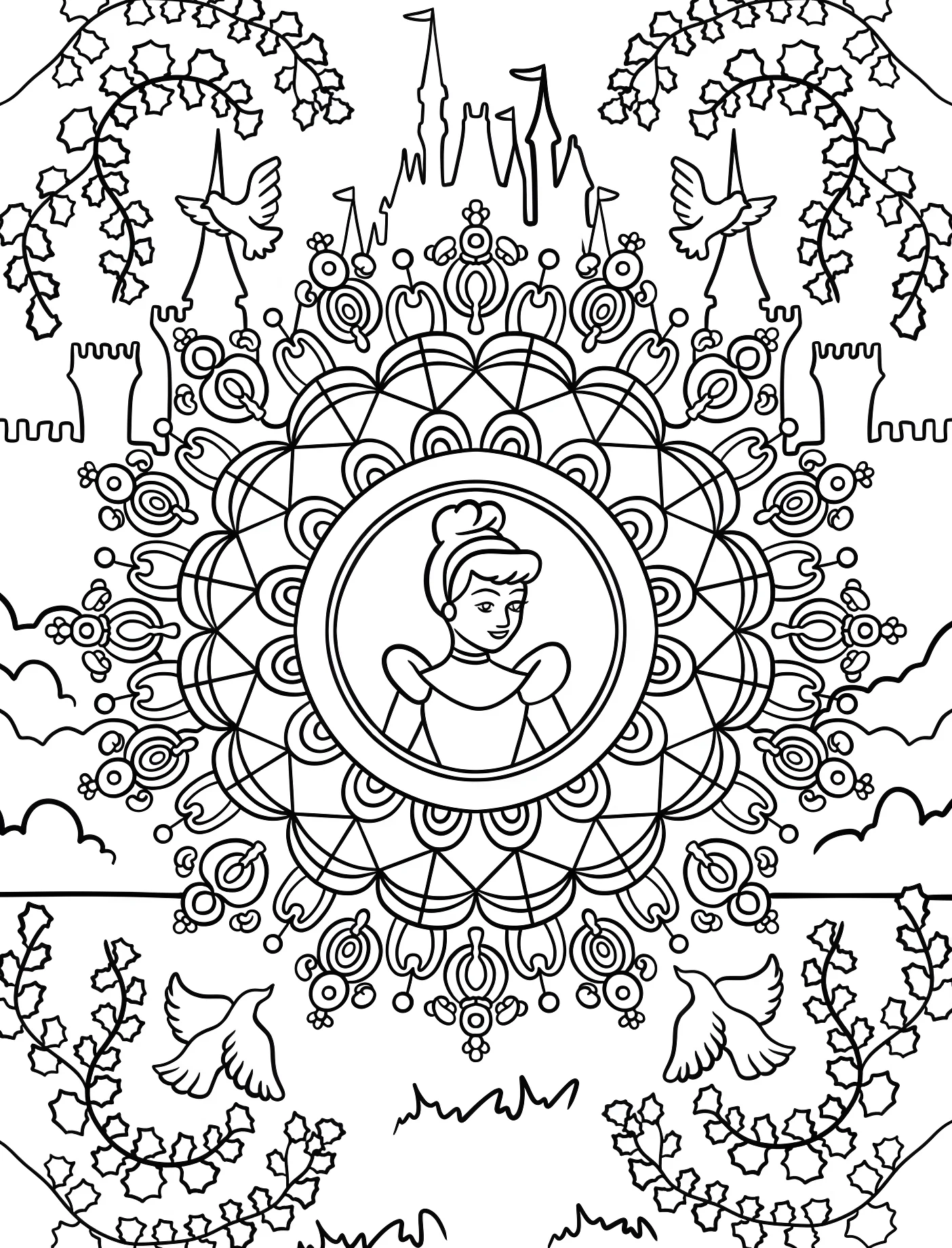 Золушка в мандале с замком и голубями №10991. Принцессы. Золушка (Cinderella).