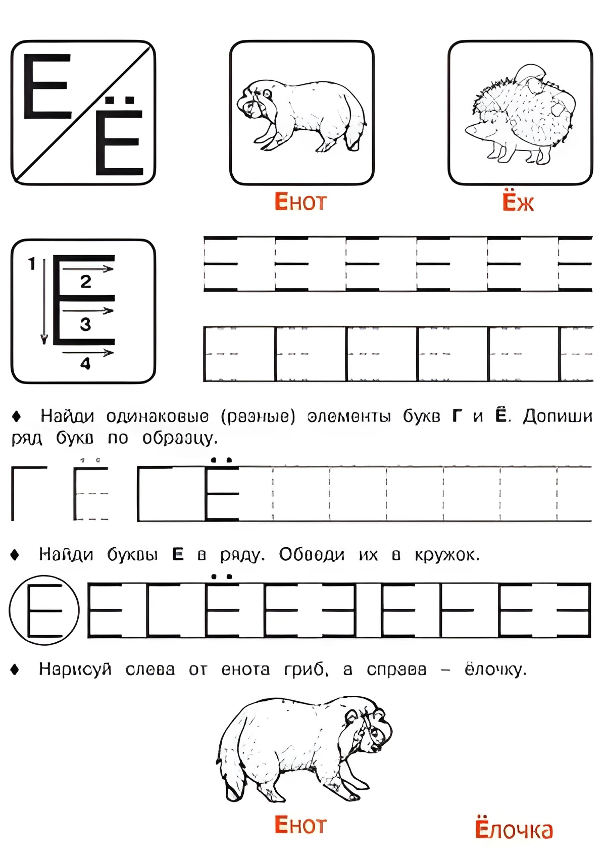 Буквы Е и Ё - Русские прописи для детей для распечатки №175. Прописи онлайн. Русские прописи печатных букв для детей с картинками супер-качества на A4.