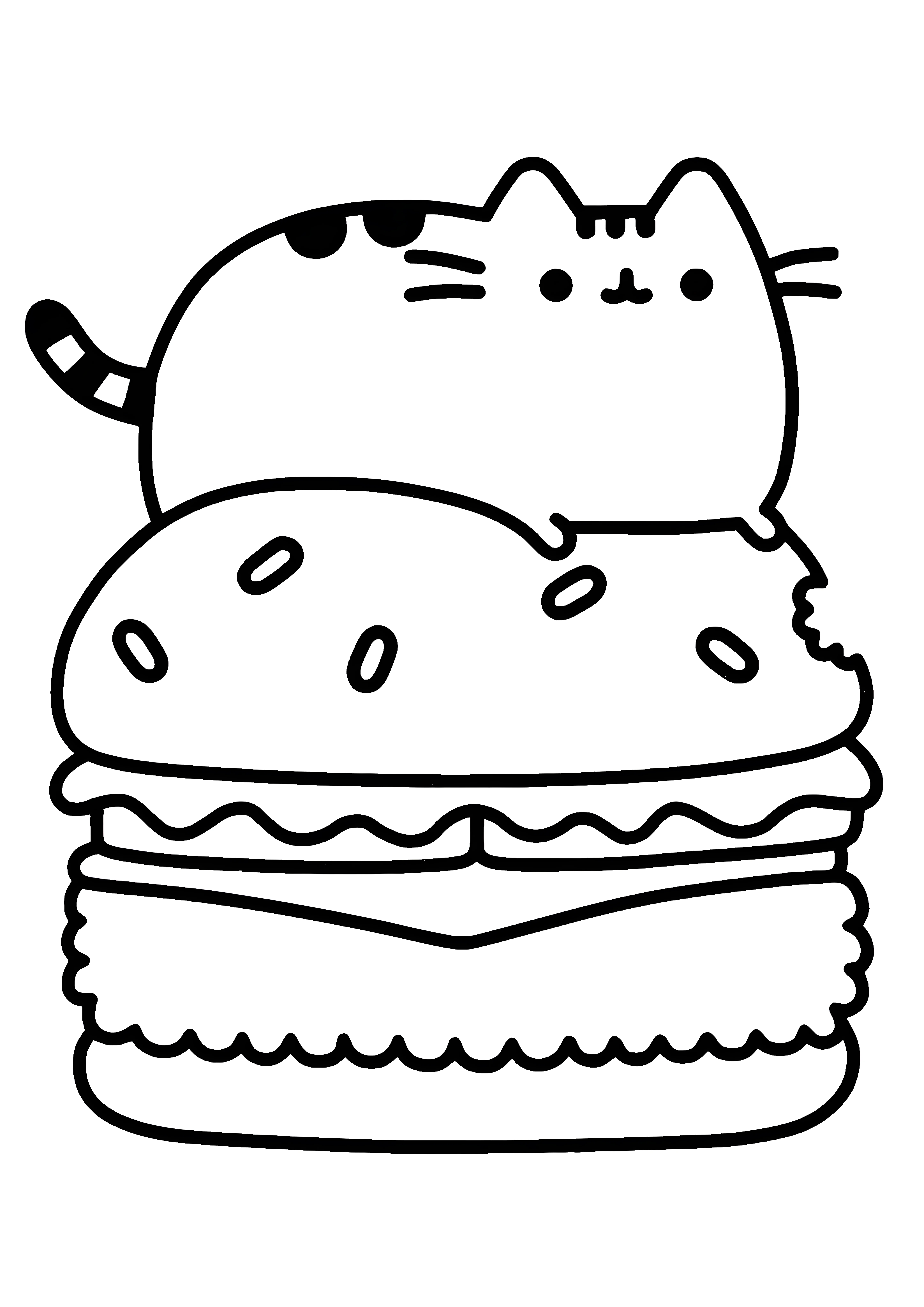 Pusheen Cat и огромный сэндвич №2818. Раскраски для девочек по категориям. Кот Пушин.