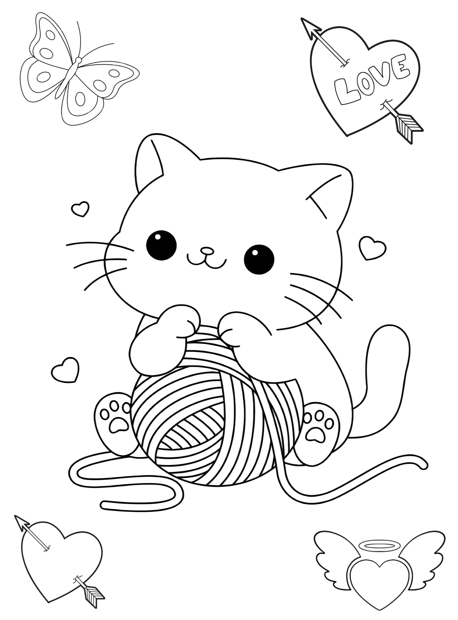 Котёнок и пряжа. Раскраски для девочек. Котик №2947. Раскраски для девочек по категориям. Котики.