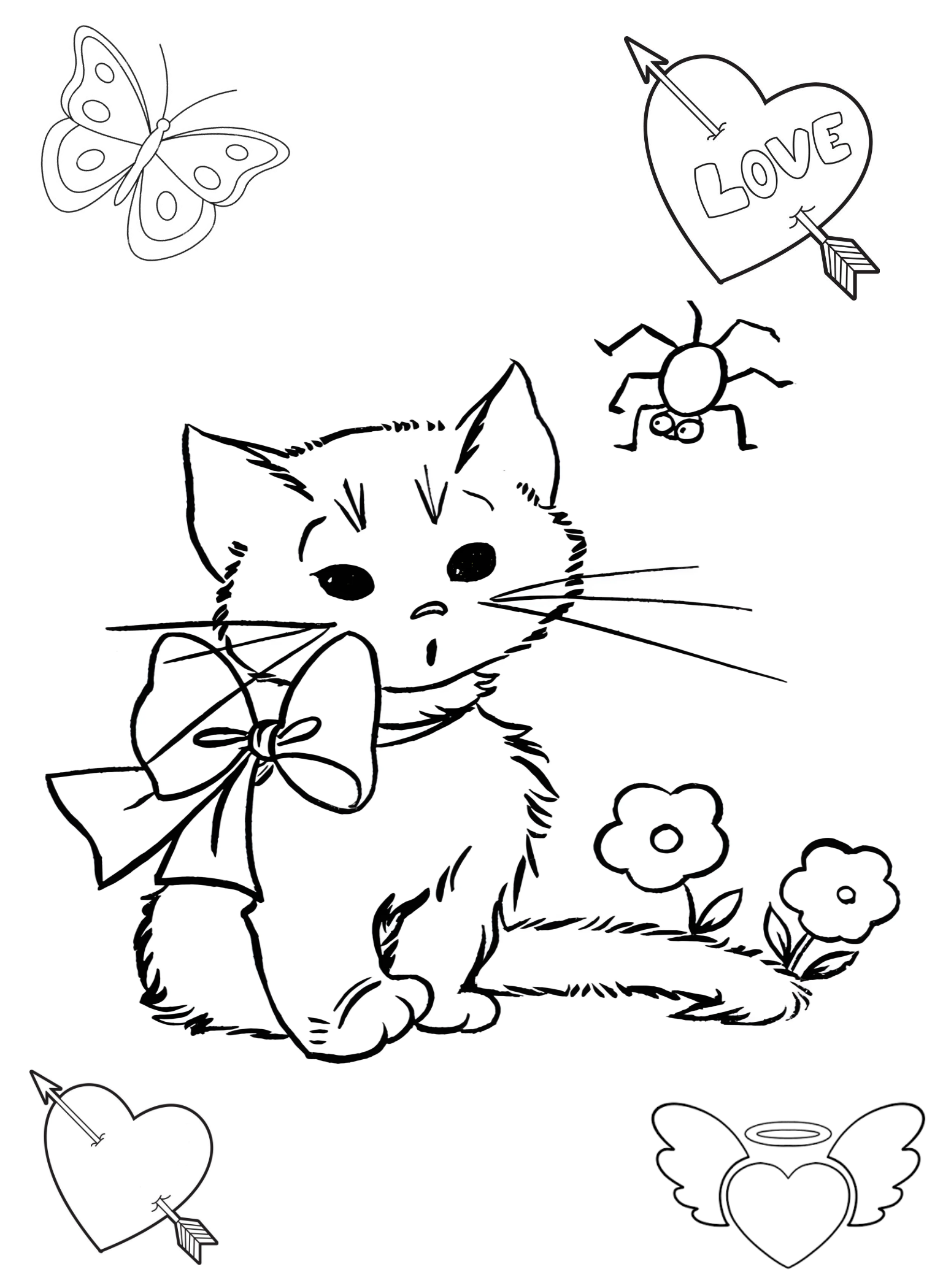 Кошечка и паук. Раскраска котик №2923. Раскраски для девочек по категориям. Котики.