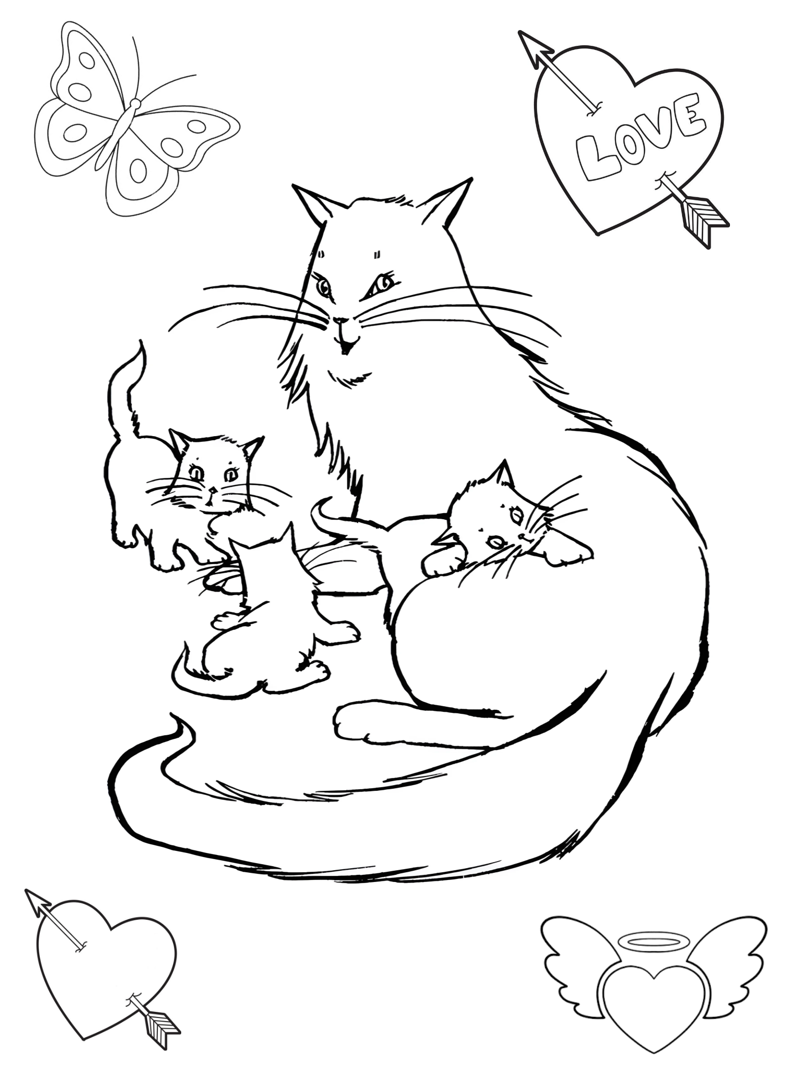 Котята играют с кошкой. Раскраска котиков №2941. Раскраски для девочек по категориям. Котики.