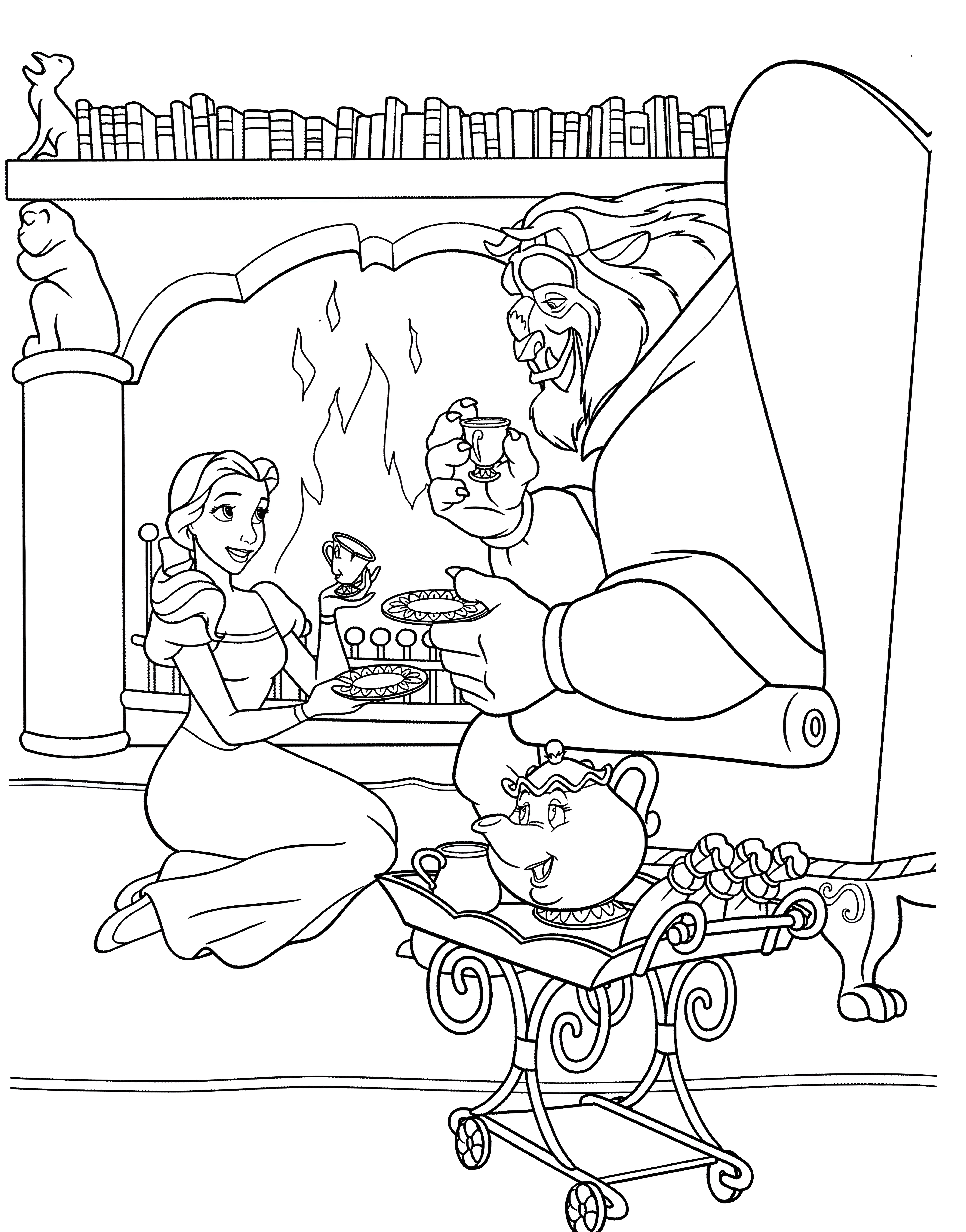 Белль и Чудовище перед камином №1866. Раскраски для девочек по категориям. Принцесса Белль.