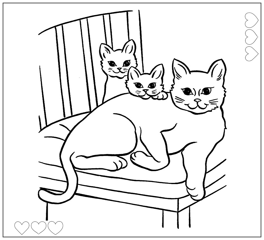 Кошка и два котенка №7453. Раскраски по возрастам и полу. Раскраски для девочек.