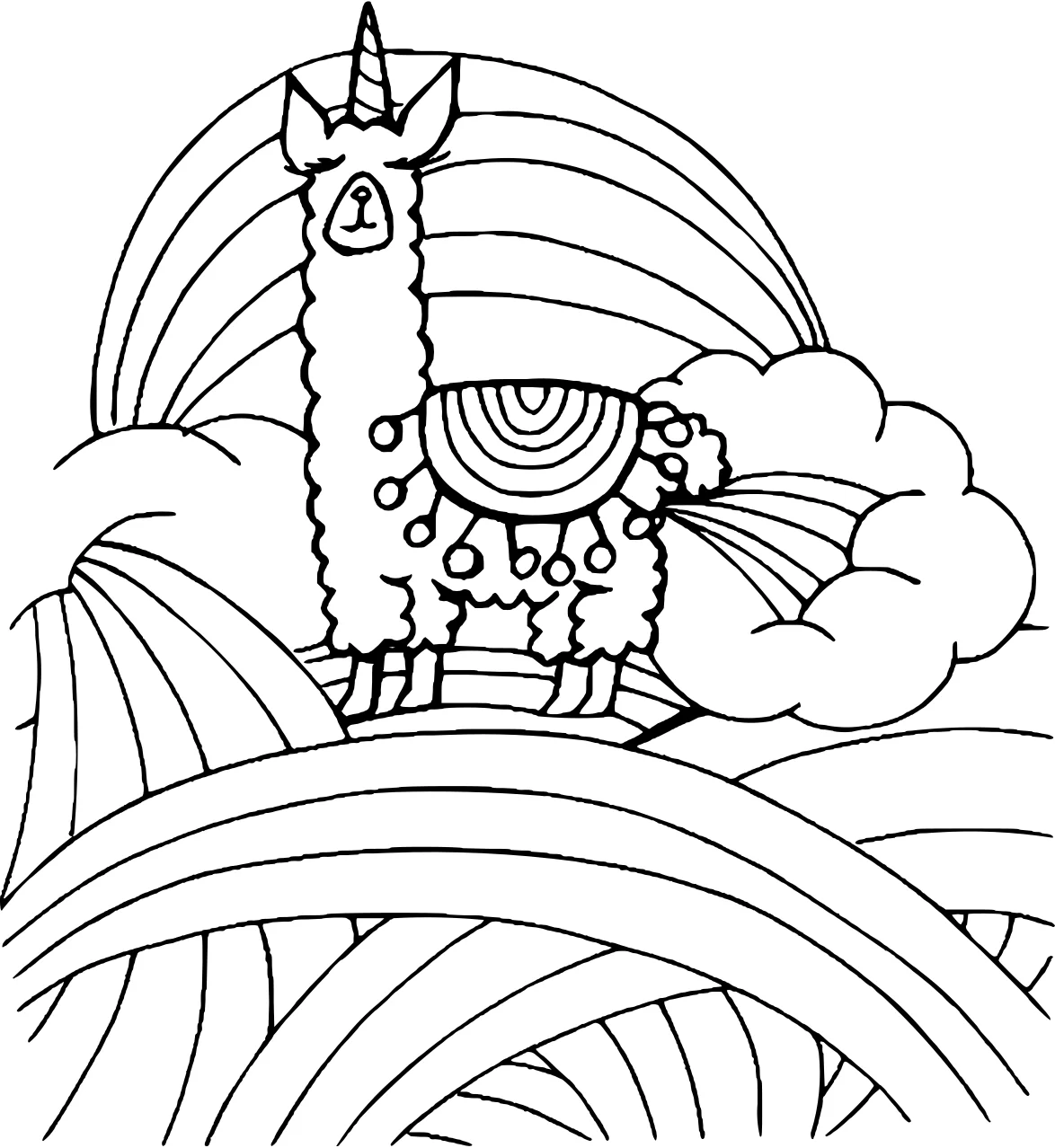 Лама-единорог на радуге от Llama №3950. Раскраски для девочек по категориям. Сборник всех единорогов.