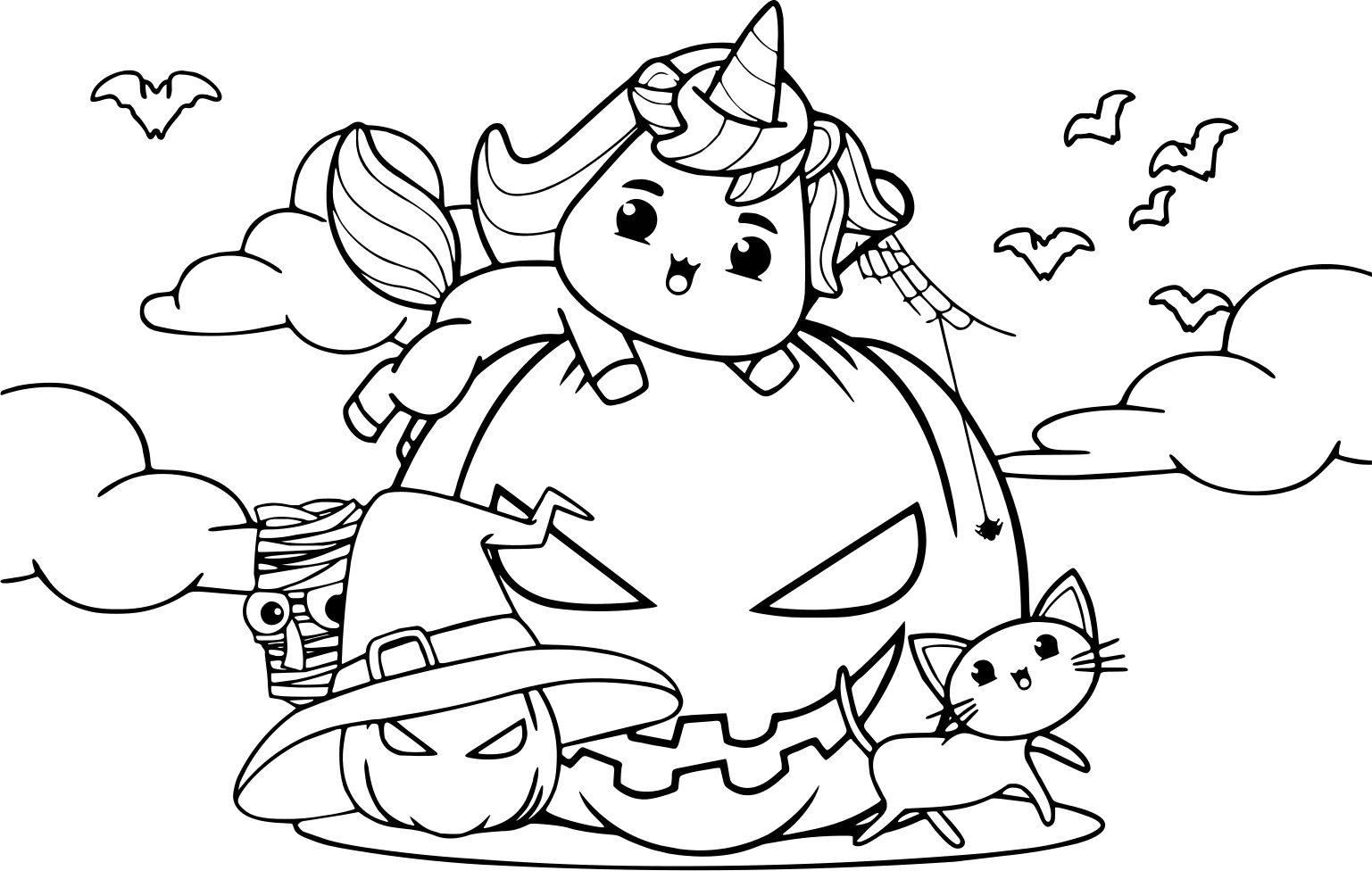Раскраска на Хэллоуин: Единорог и тыква от Preschool Halloween №3927. Раскраски для девочек по категориям. Сборник всех единорогов.