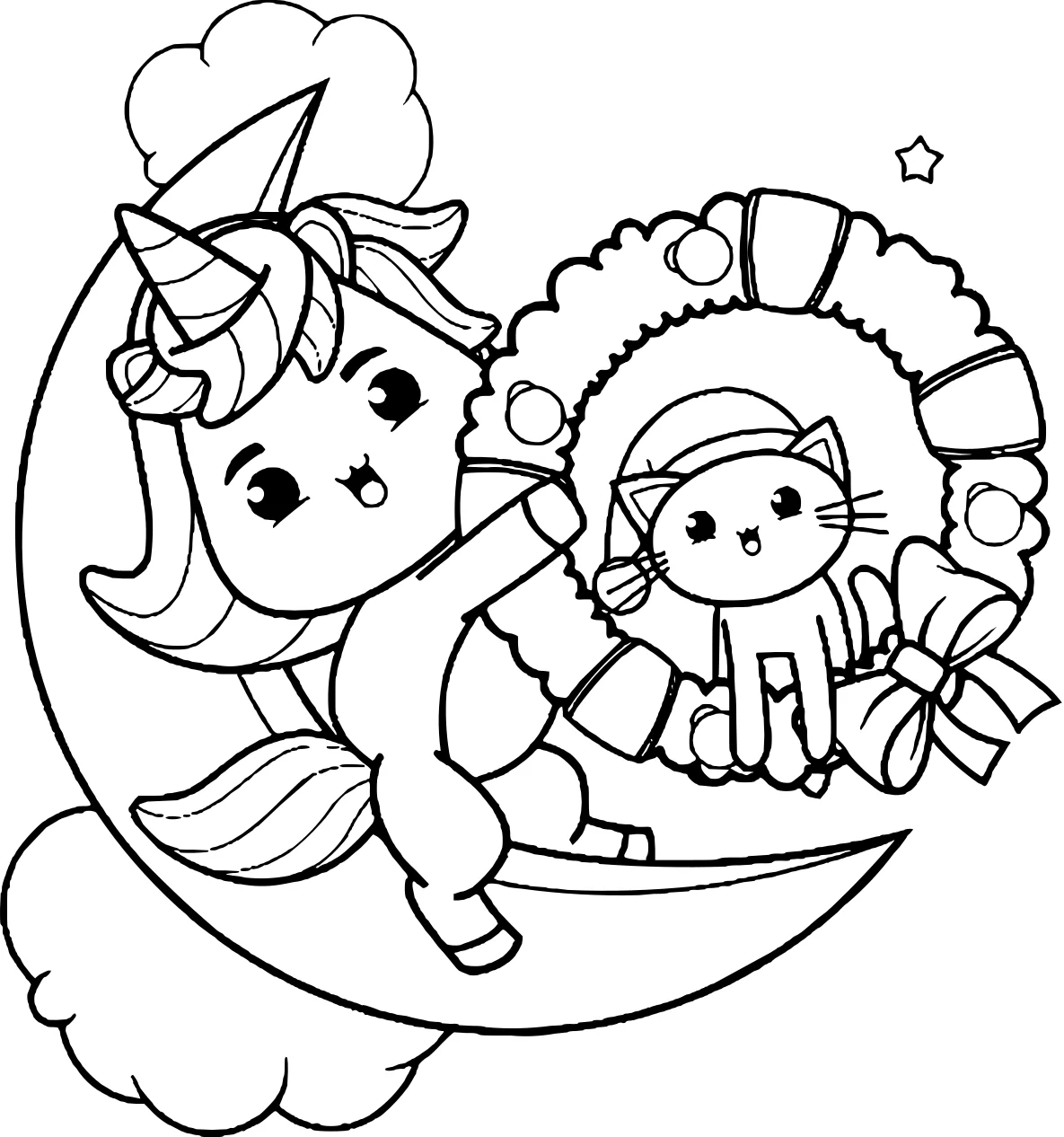 Милый единорог с котиком на Рождество от Cute Christmas №3879. Раскраски для девочек по категориям. Сборник всех единорогов.