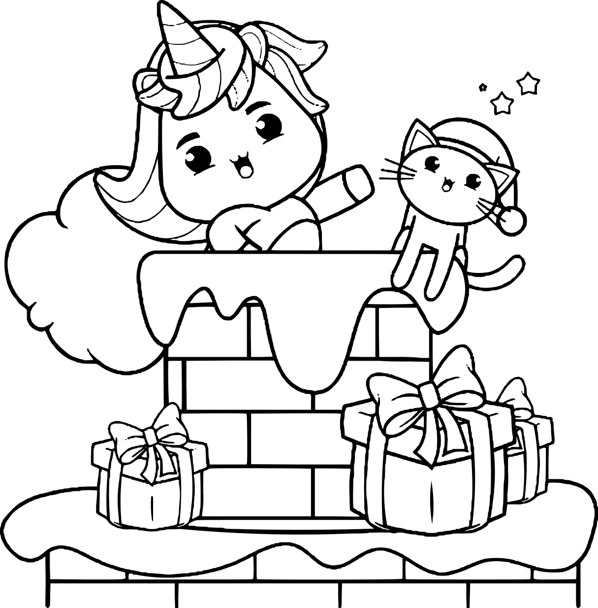 Милый рождественский единорог с котиком от Cute Christmas №3876. Раскраски для девочек по категориям. Сборник всех единорогов.