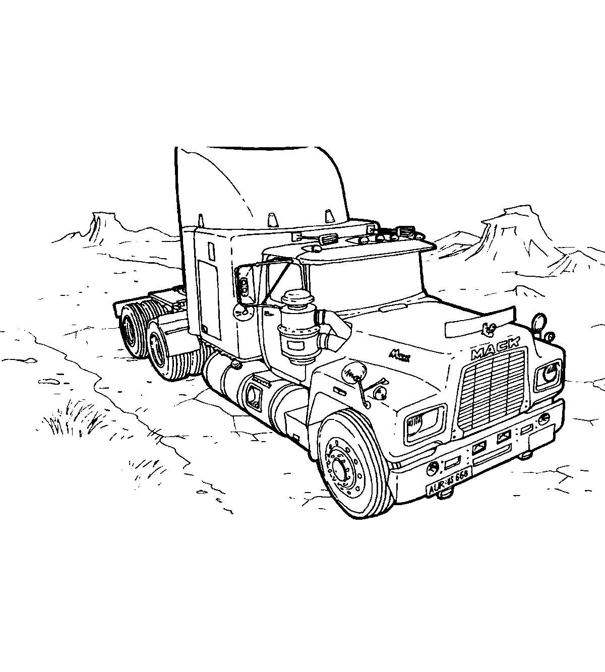 Грузовик MACK №1387. Раскраски для мальчиков по категориям. Грузовики.