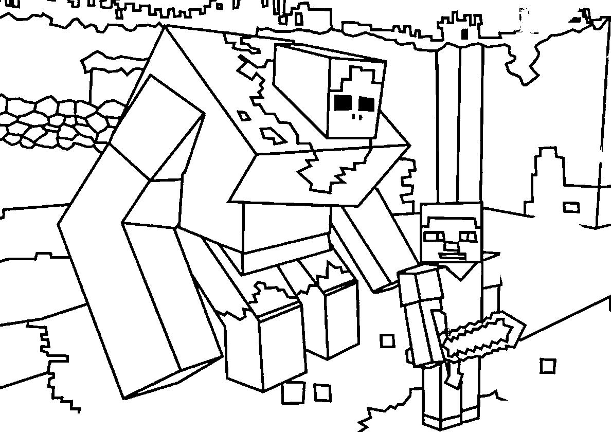 Стив и огромный голем №223. Раскраски для мальчиков по категориям. Minecraft.