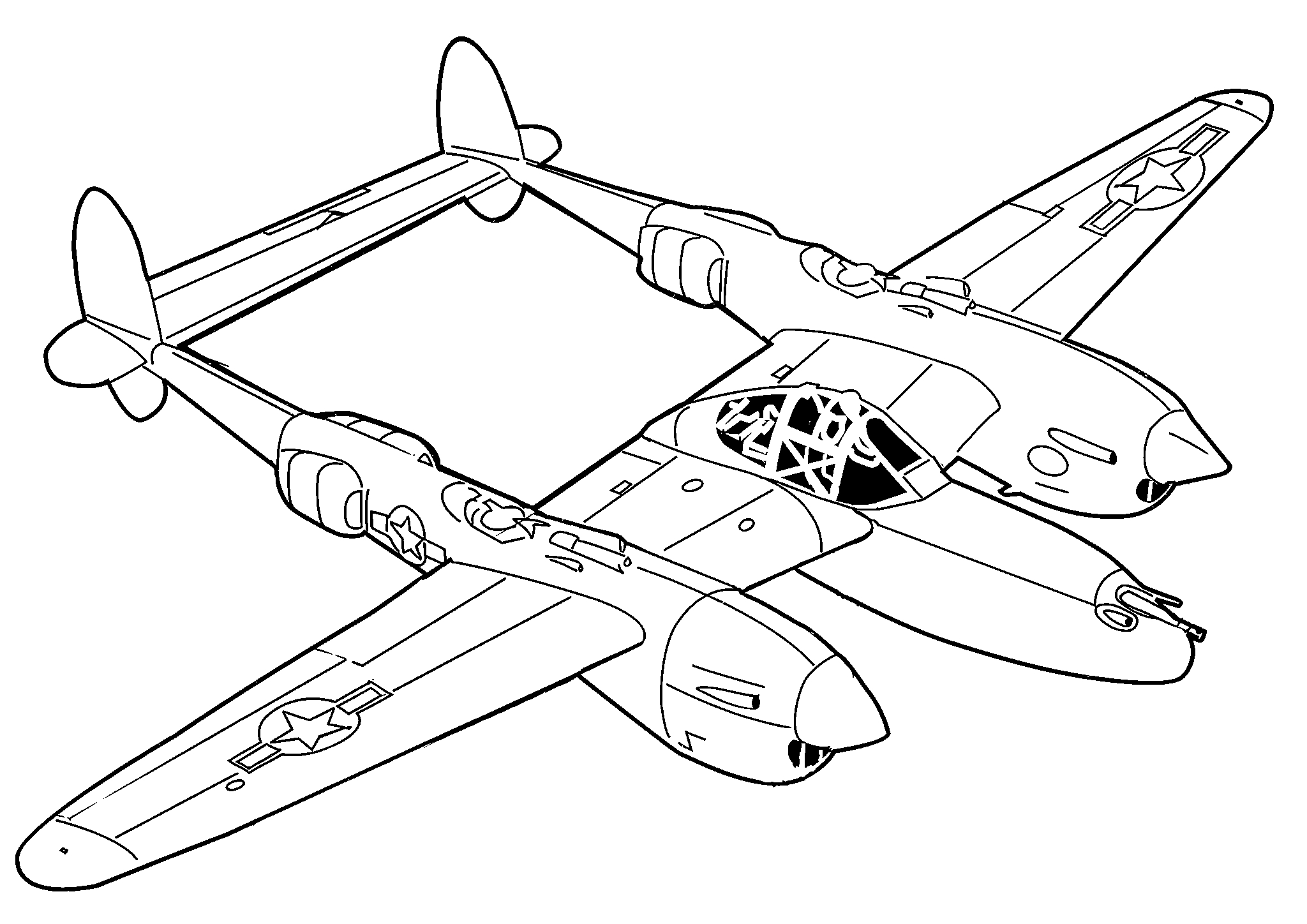 Самолет Локхид P-38 Лайтнинг №1629. Раскраски для мальчиков по категориям. Самолёты.