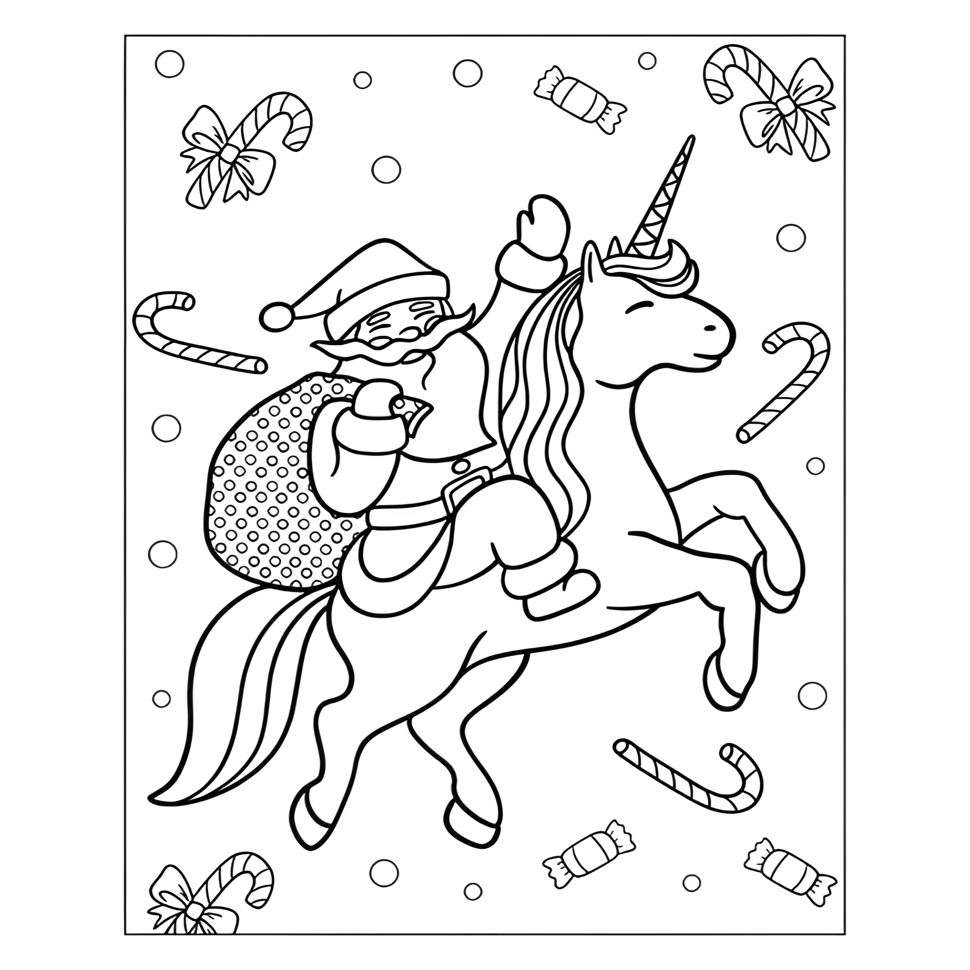 Раскраска Санта Клаус на единороге №13877. Праздничные и сезонные раскраски. Новогодние раскраски Дед Мороз и Снегурочка.