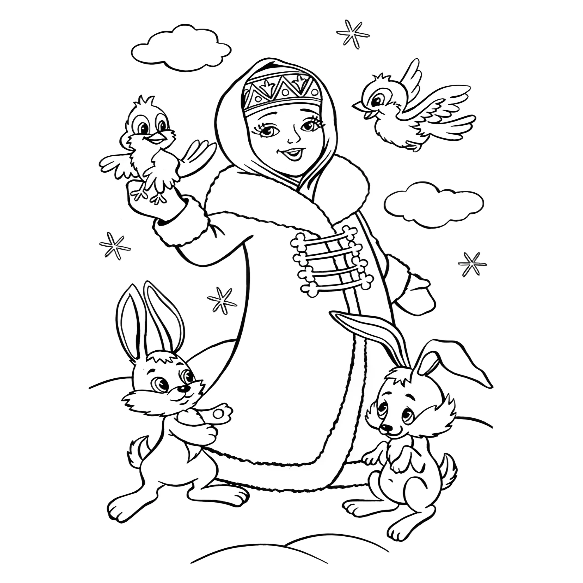 Раскраска Снегурочка с птичками и зайчиками №13924. Праздничные и сезонные раскраски. Новогодние раскраски Дед Мороз и Снегурочка.