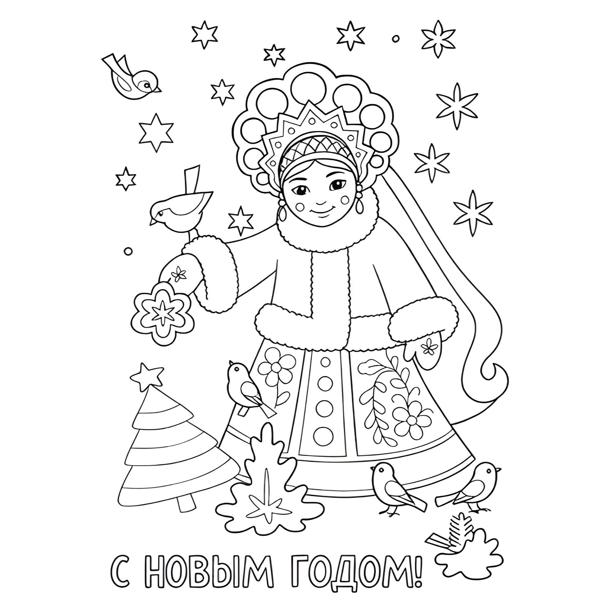 Раскраска Снегурочка у ёлки кормит птиц №13939. Праздничные и сезонные раскраски. Новогодние раскраски Дед Мороз и Снегурочка.