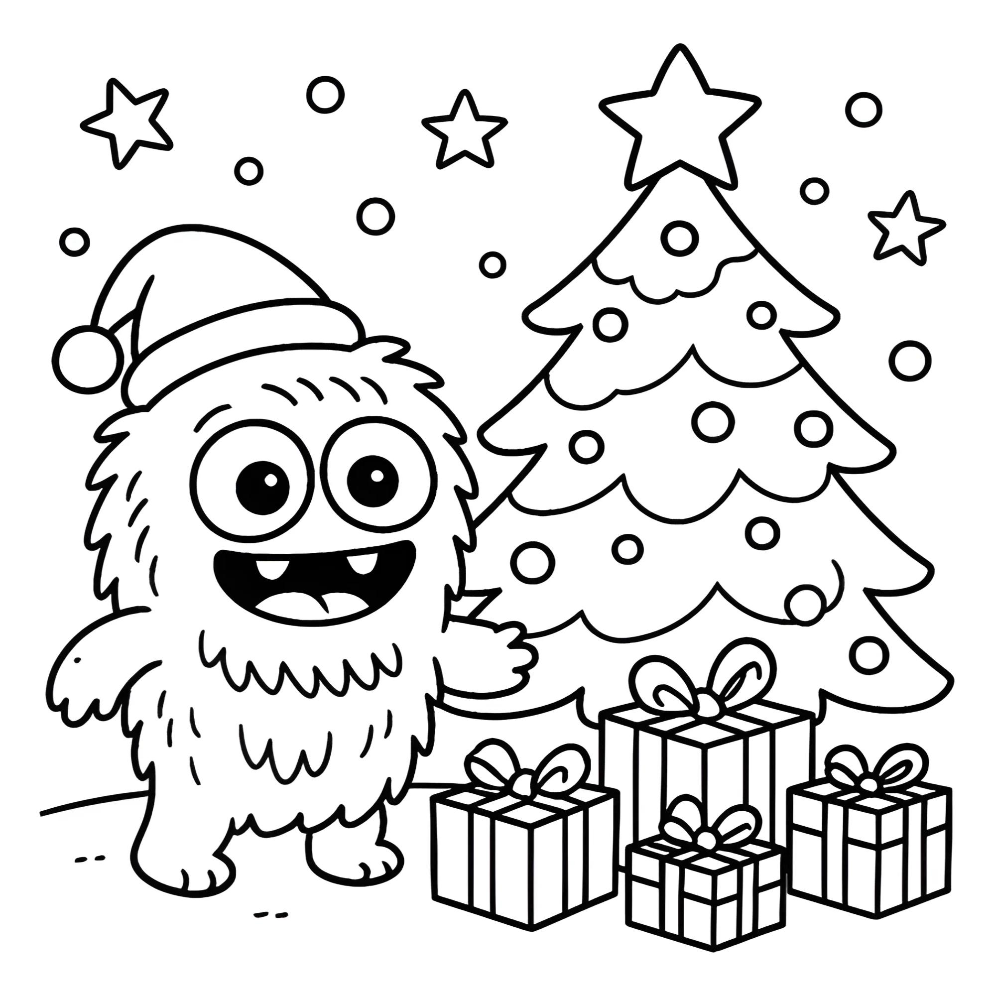Милый монстр возле ёлки с подарками №14060. Праздничные и сезонные раскраски. Новогодняя елка и рождественская елка.