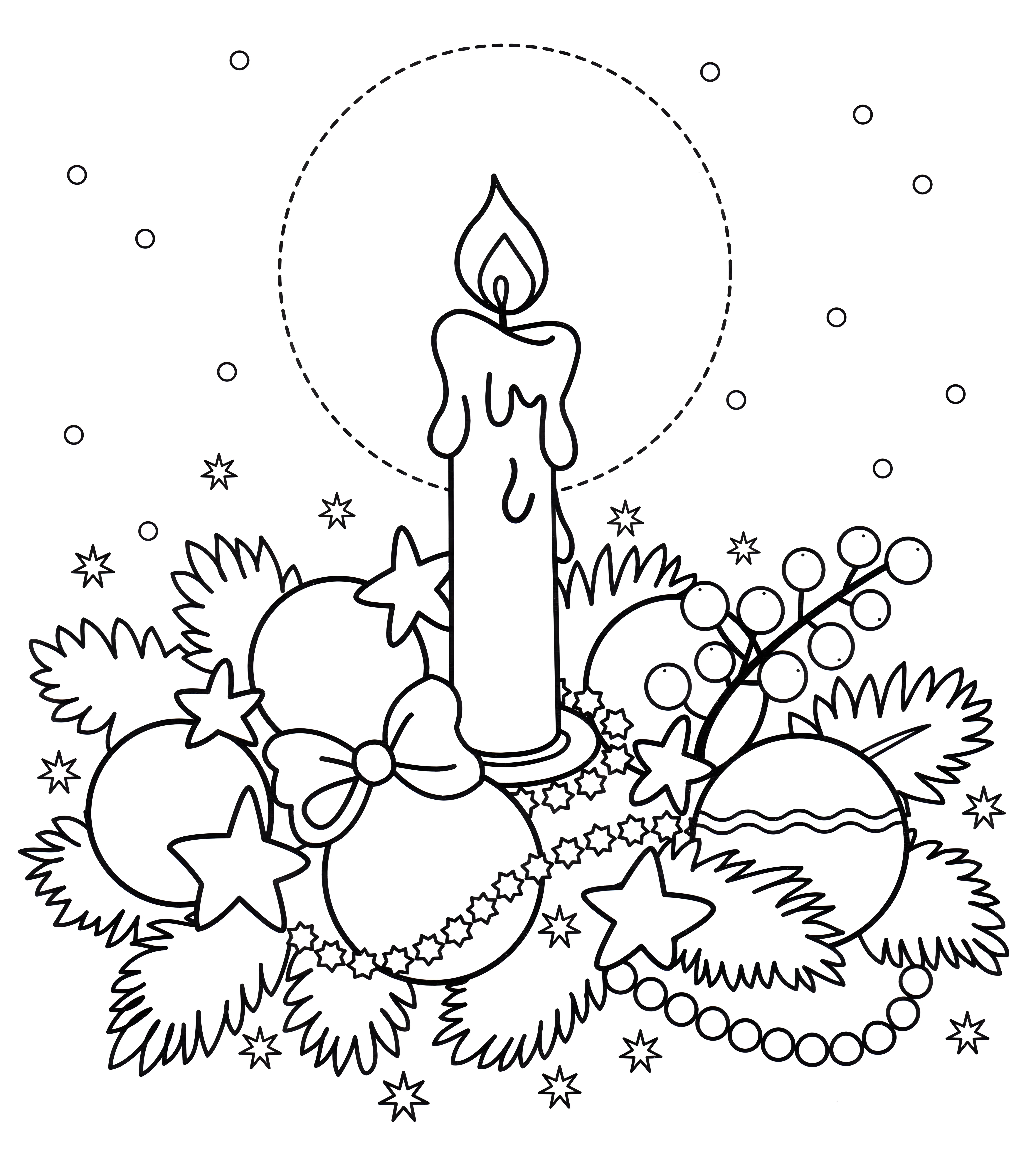 Свеча и новогодние игрушки №13278. Праздничные и сезонные раскраски. Новогодние раскраски.