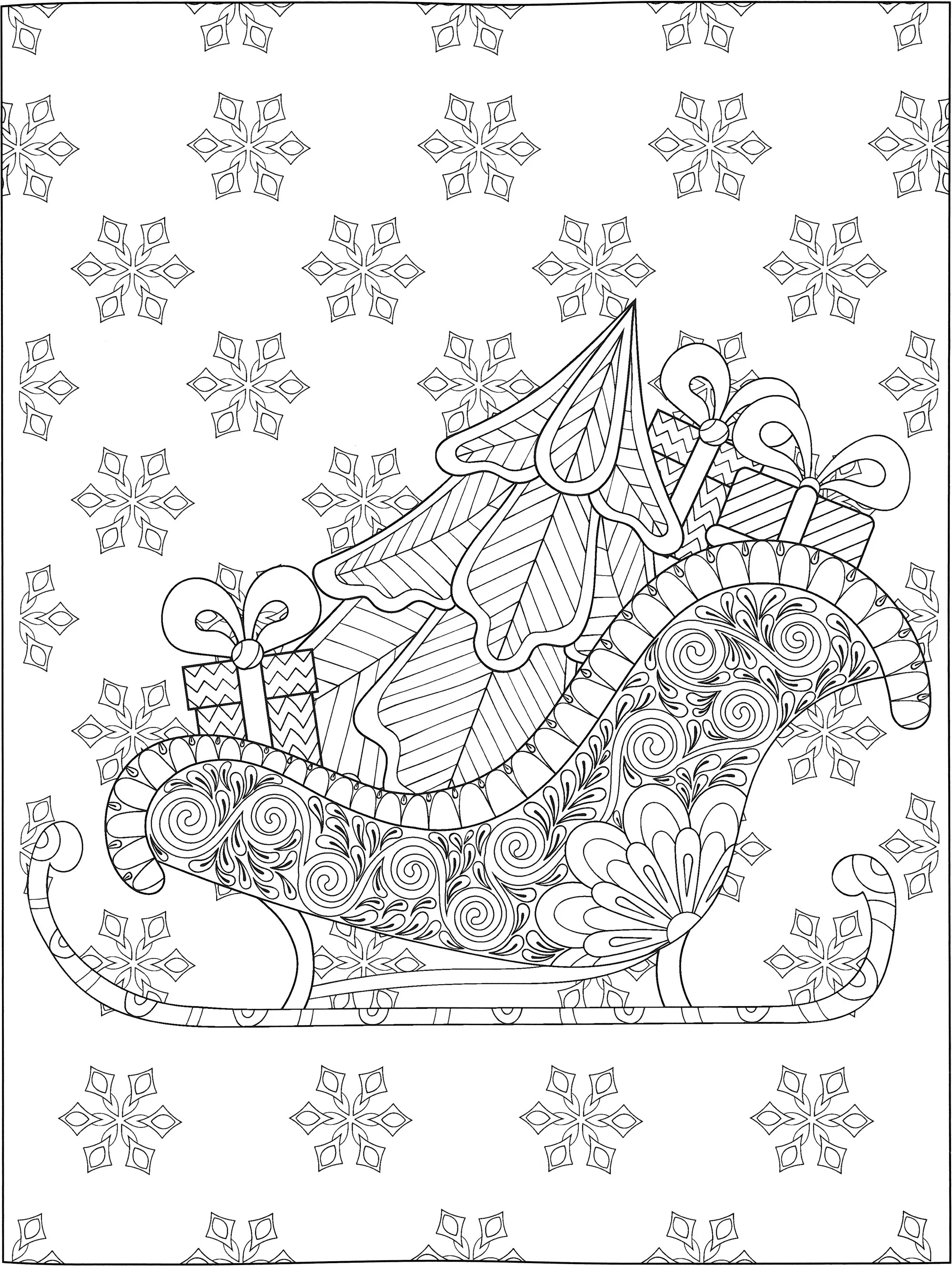 Новогодние сани с подарками №13332. Праздничные и сезонные раскраски. Новогодние раскраски.