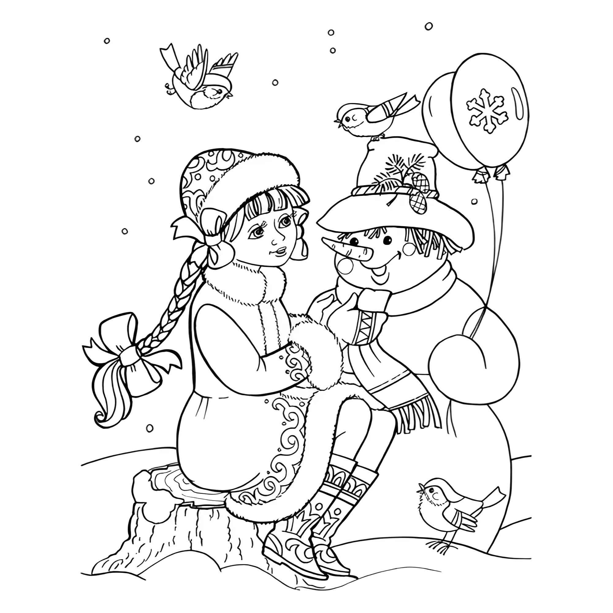 Раскраска Снегурочка и снеговик №13657. Праздничные и сезонные раскраски. Новогодние раскраски.