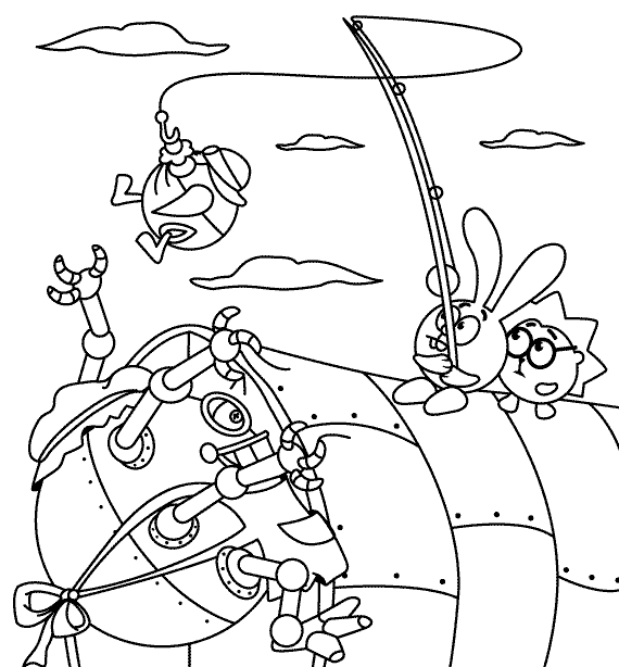 Смешарики с удочкой №6873. Популярные раскраски. Раскраски из мультиков.