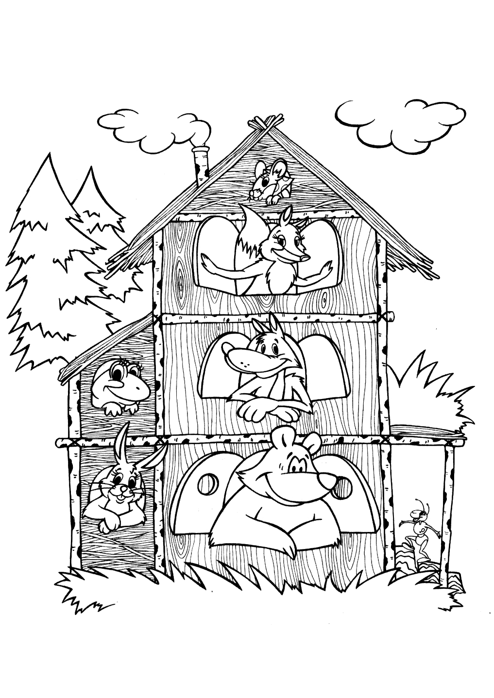 Теремок и его жители №6554. Популярные раскраски. Раскраски из мультиков.