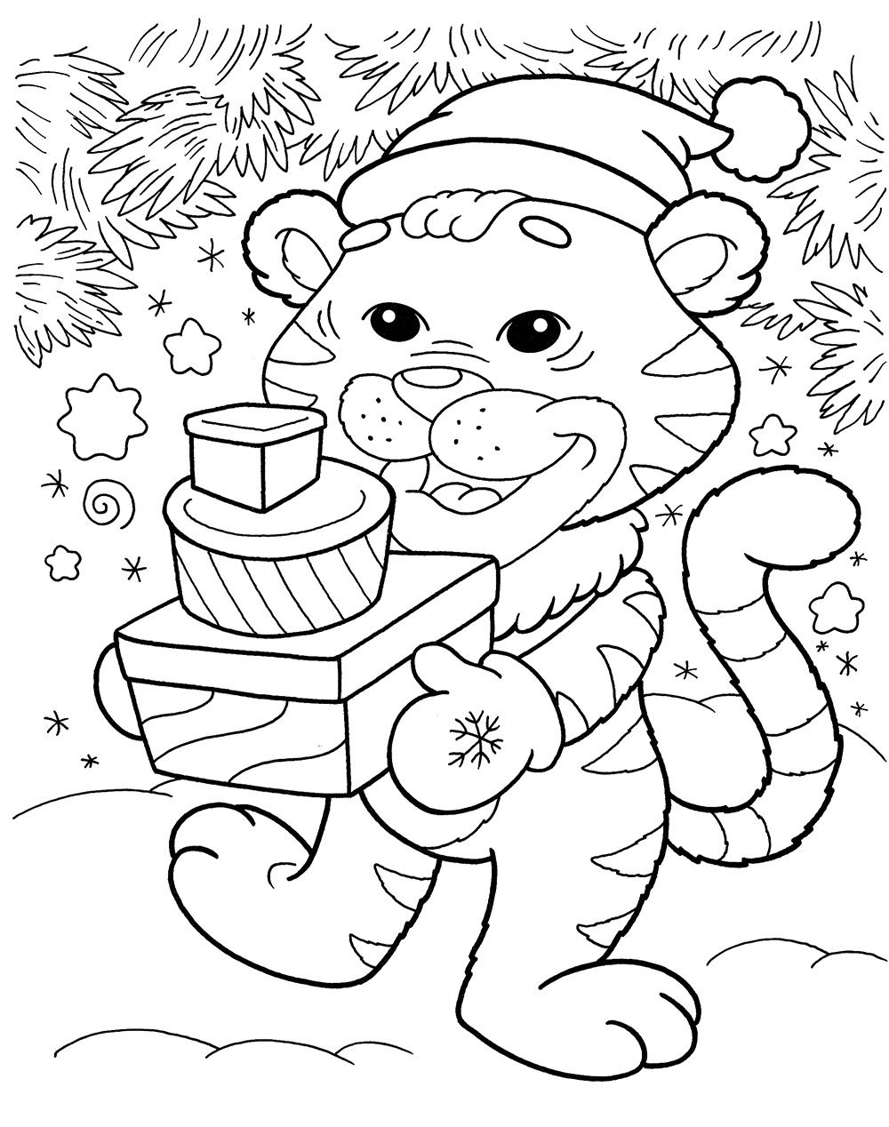 Раскраска для детей 4-7 лет. Новогодний тигренок №3008. Праздничные и сезонные раскраски. Новогодние раскраски.