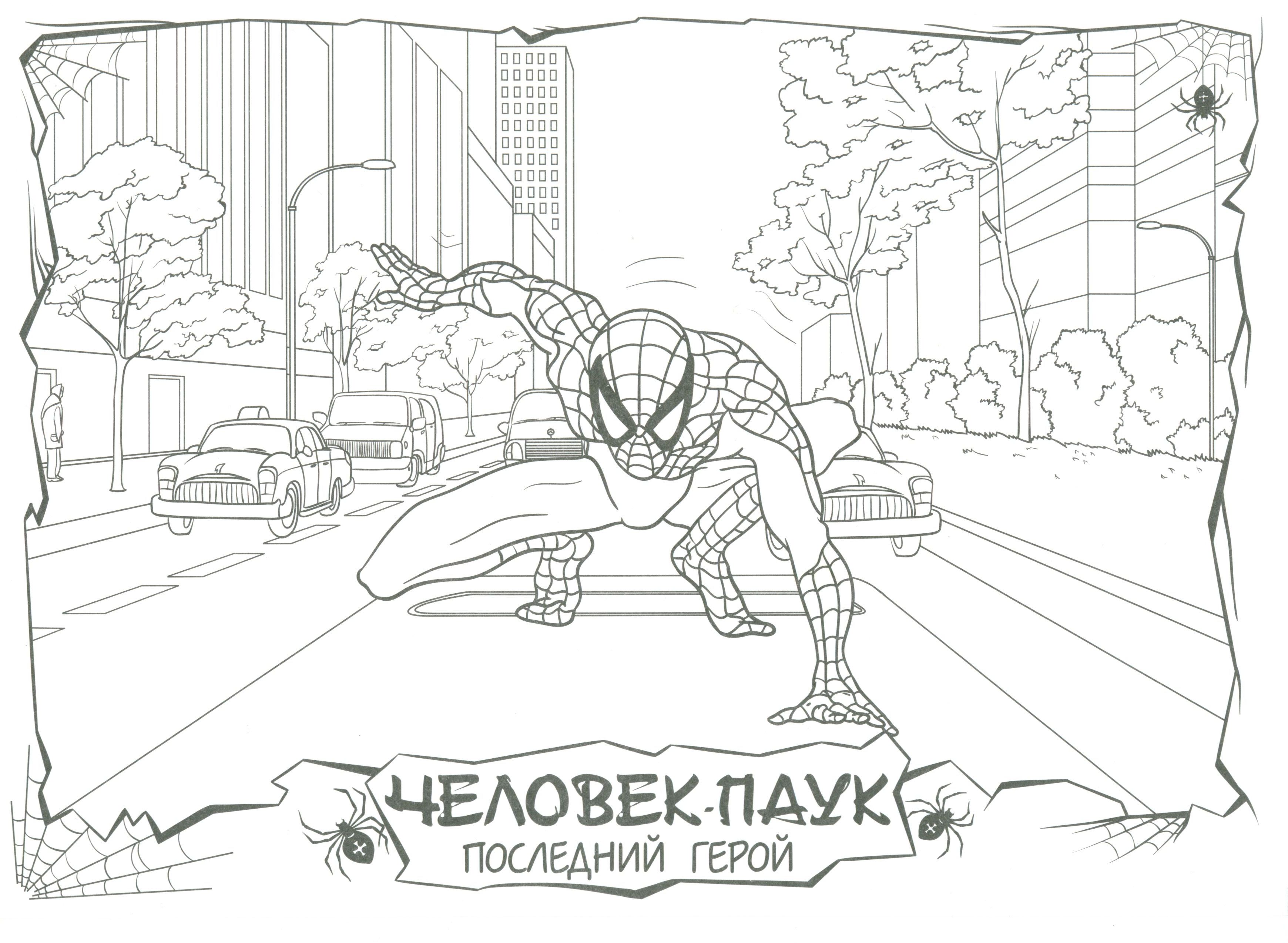 Человек-Паук на крыше автобуса №7697. Популярные раскраски. Ассорти раскрасок с персонажами, героями, принцессами.