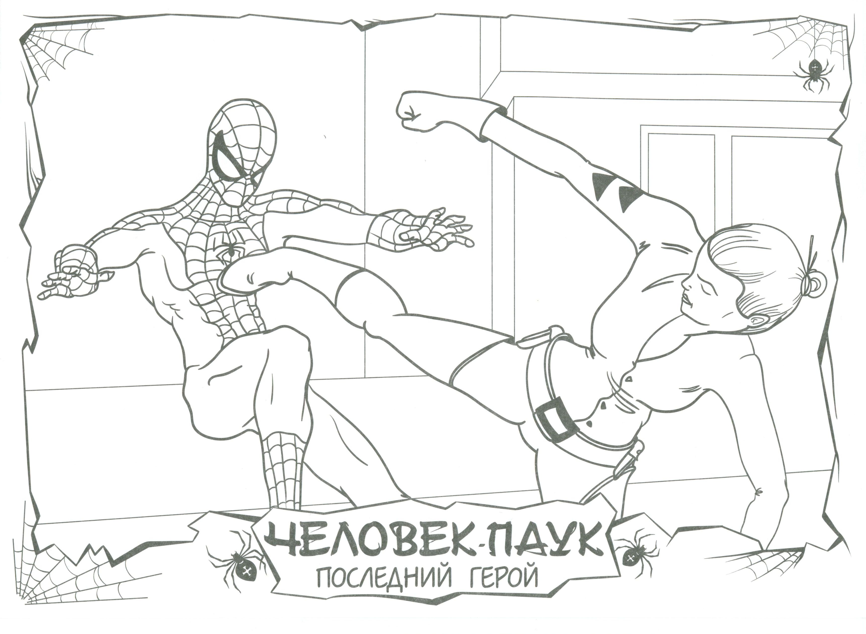 Человек-Паук получает удар от врага №7701. Популярные раскраски. Ассорти раскрасок с персонажами, героями, принцессами.
