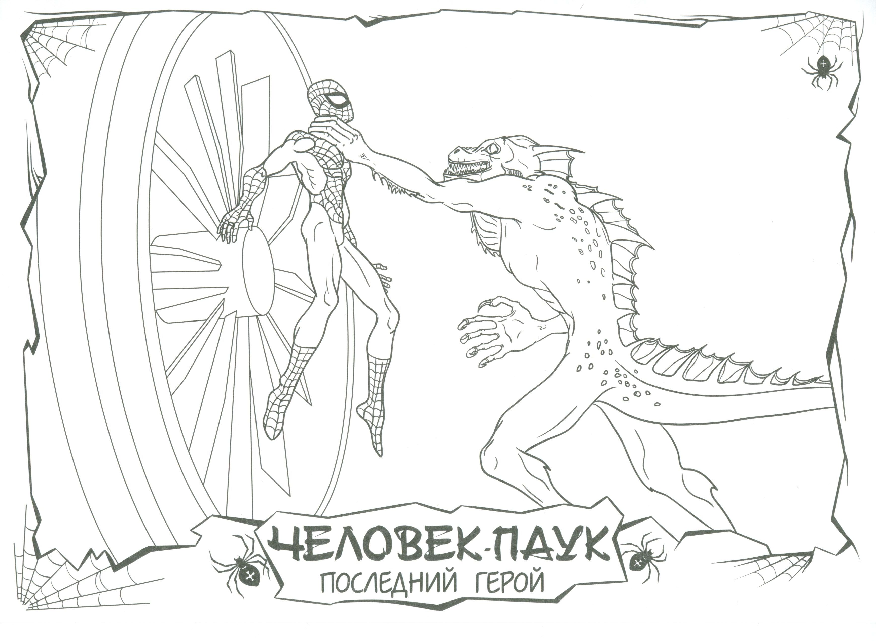 Человека-Паука поймал дракон №7708. Популярные раскраски. Ассорти раскрасок с персонажами, героями, принцессами.