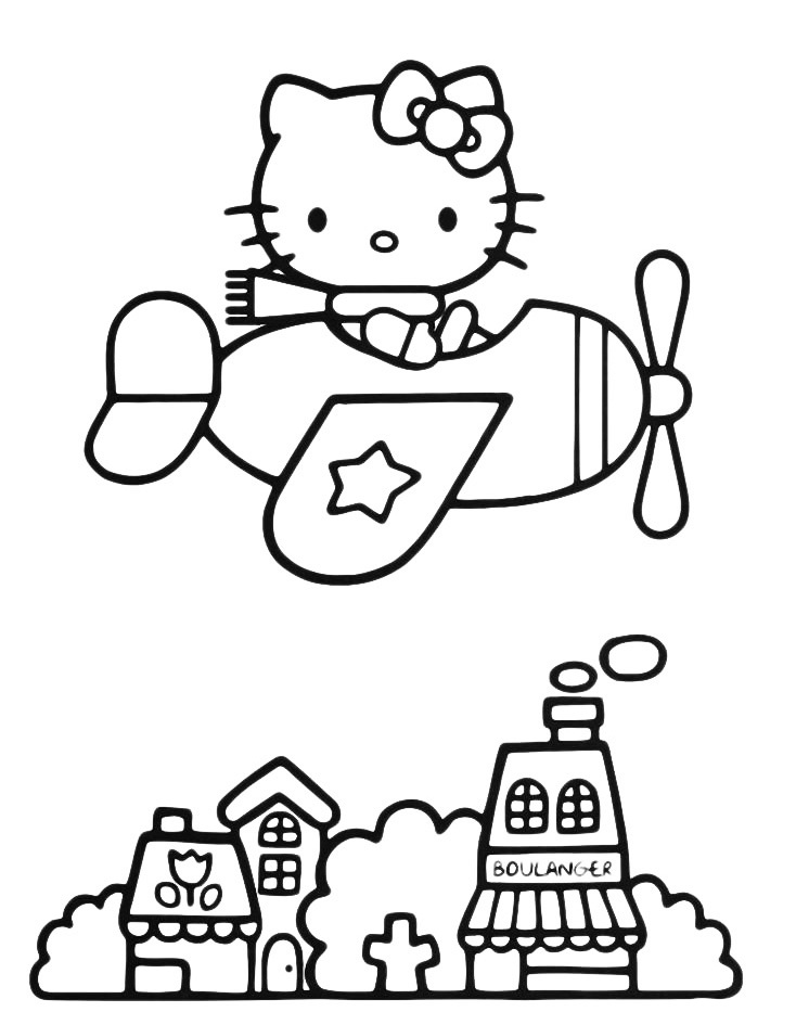 Hello Kitty на самолёте №7558. Популярные раскраски. Ассорти раскрасок с персонажами, героями, принцессами.